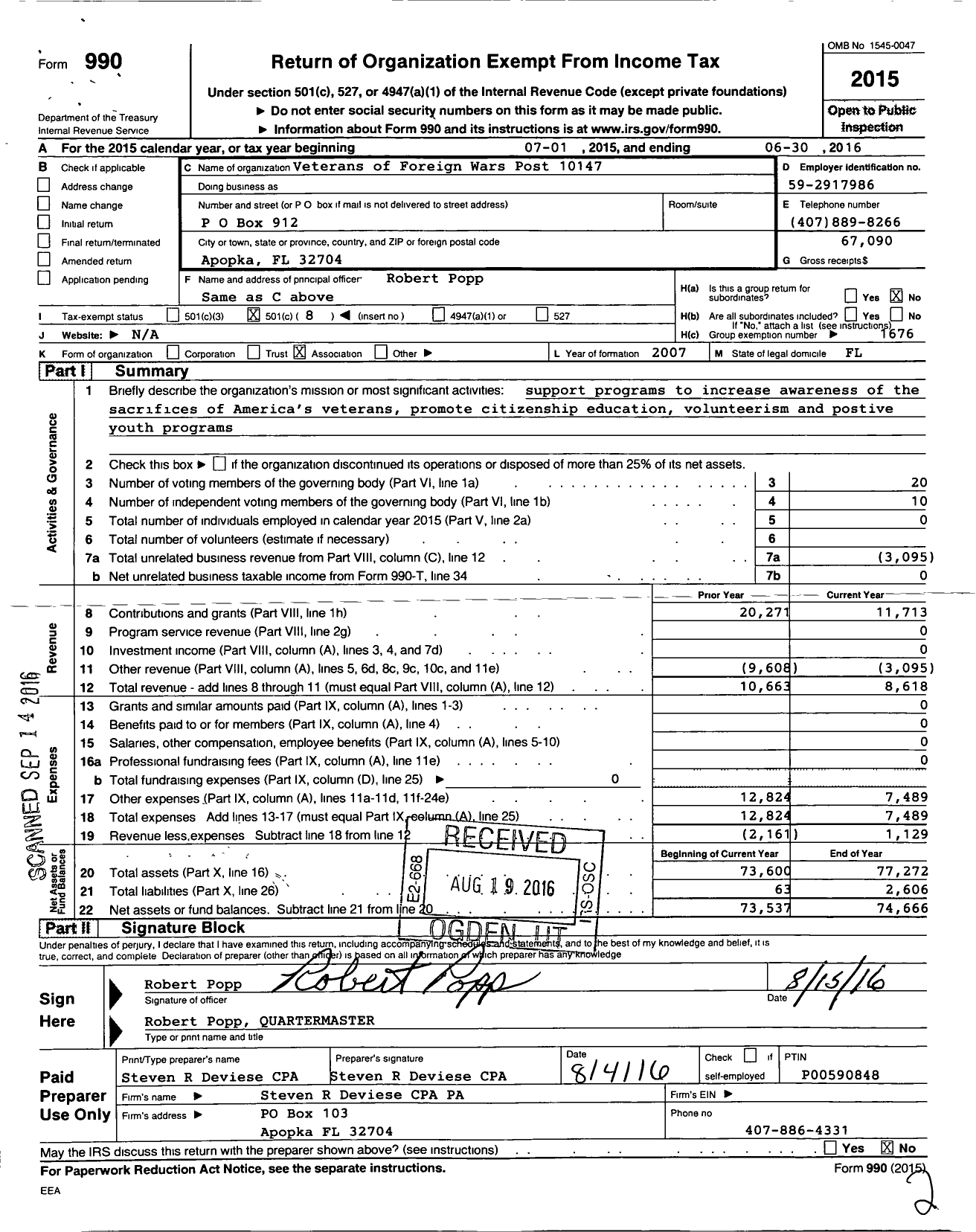 Image of first page of 2015 Form 990O for VFW Department of Florida - 10147 Post