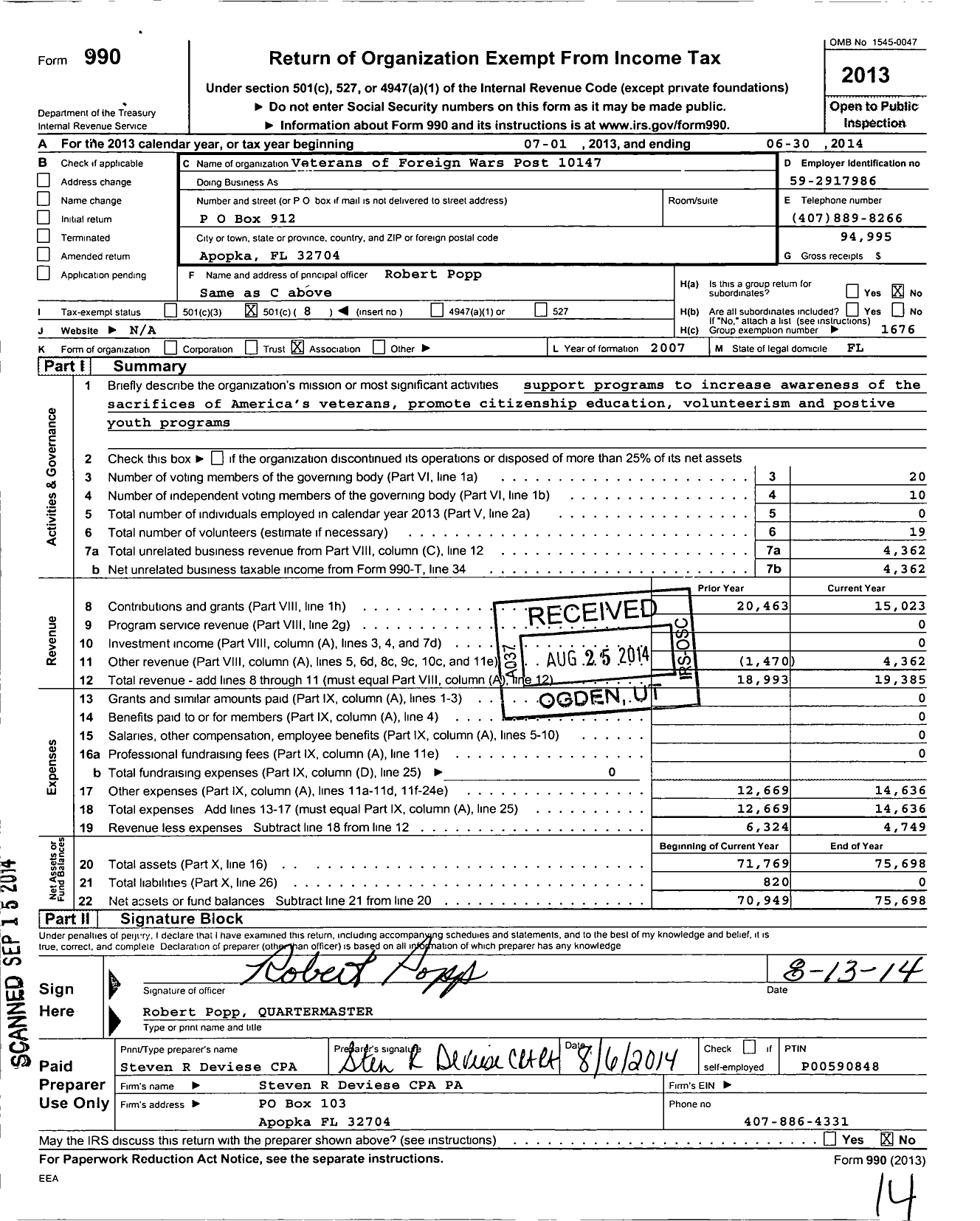 Image of first page of 2013 Form 990O for VFW Department of Florida - 10147 Post