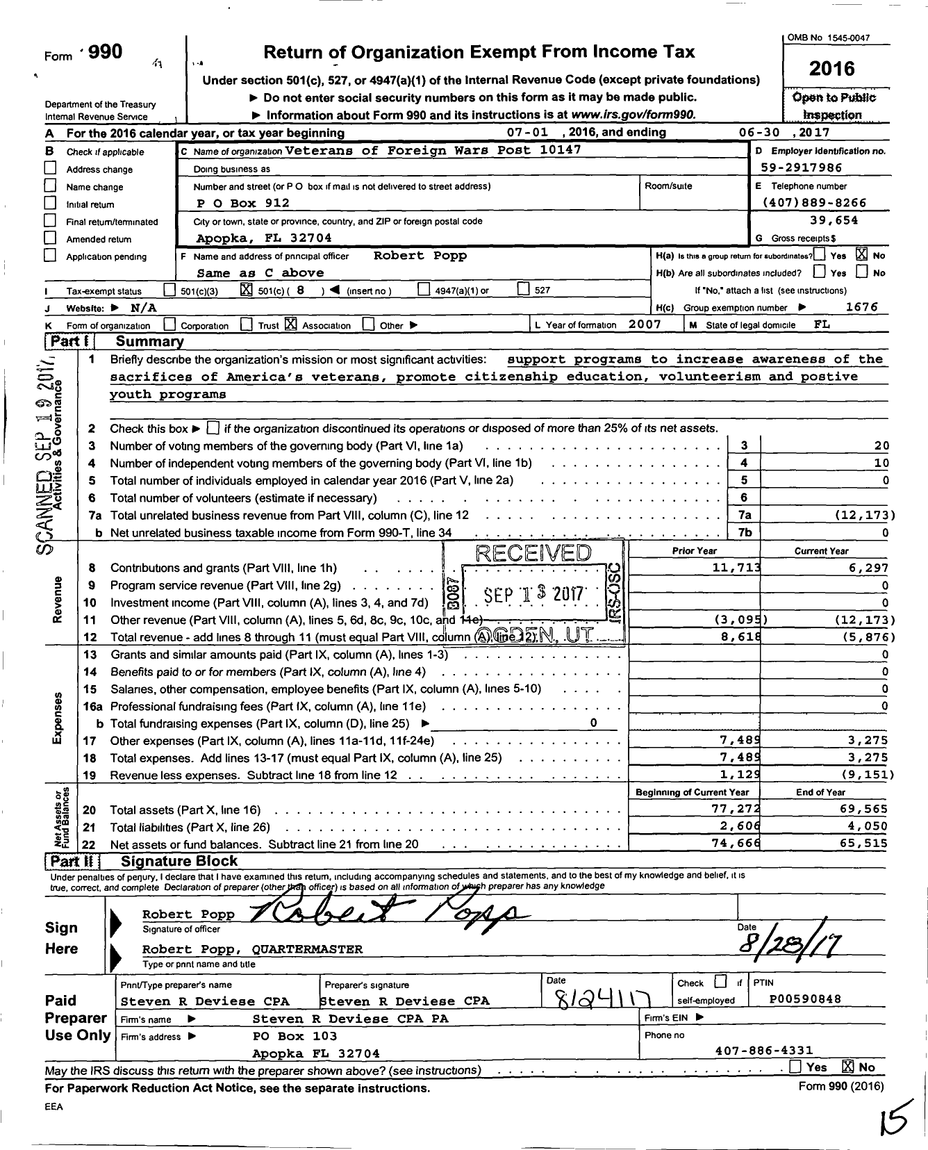 Image of first page of 2016 Form 990O for VFW Department of Florida - 10147 Post