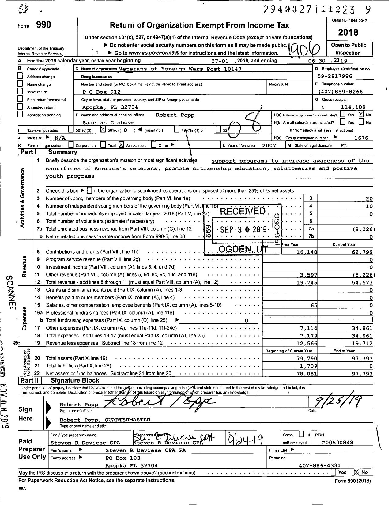 Image of first page of 2018 Form 990O for VFW Department of Florida - 10147 Post