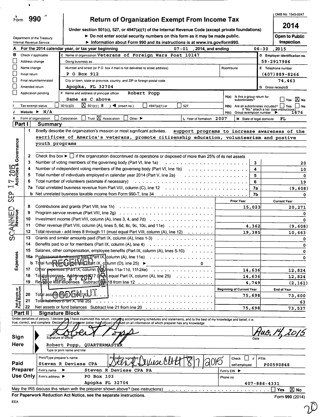 Image of first page of 2014 Form 990O for VFW Department of Florida - 10147 Post