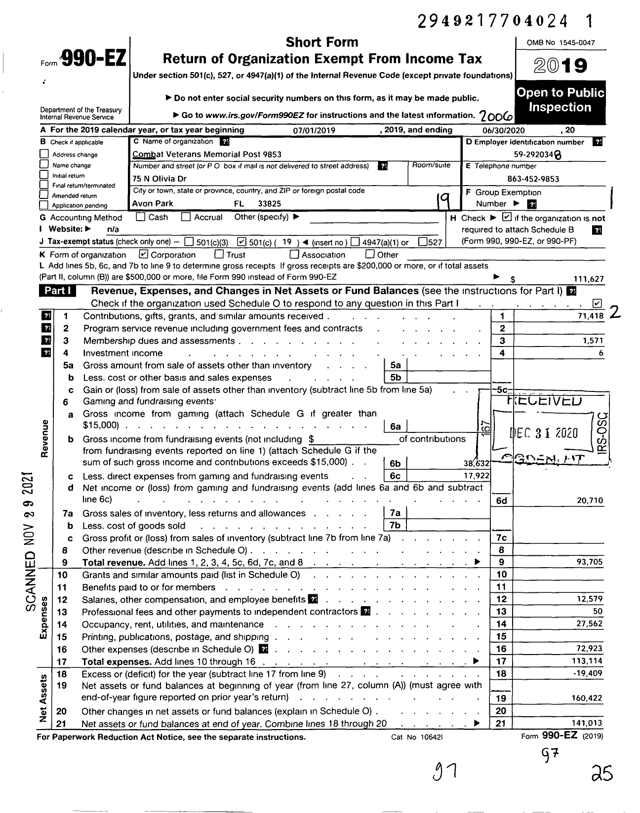 Image of first page of 2019 Form 990EO for Combat Veterans Memorial Post 9853