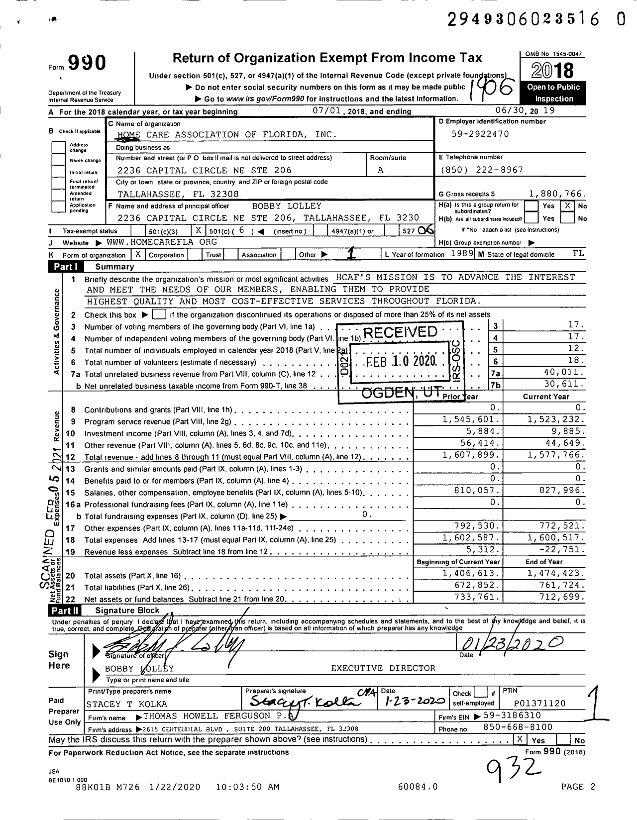 Image of first page of 2018 Form 990O for Home Care Association of Florida (HCAF)