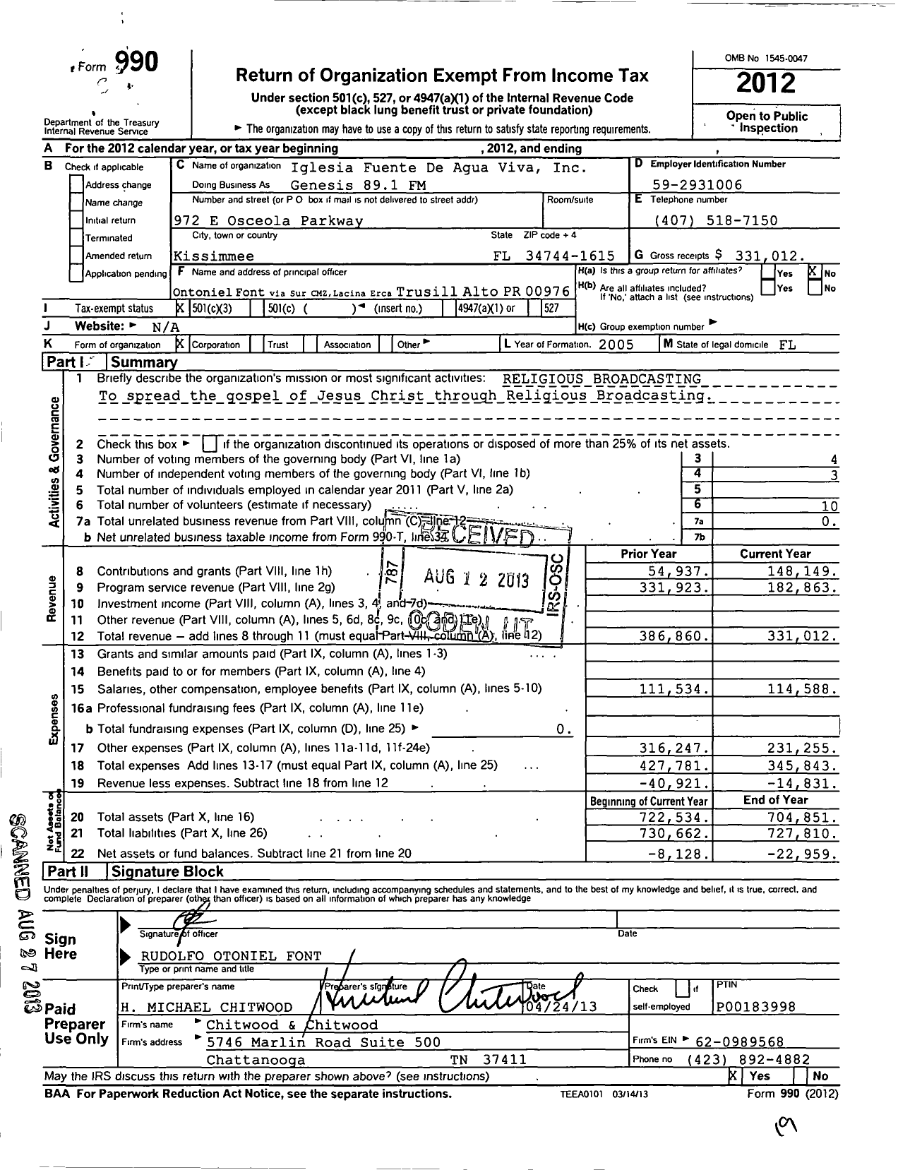 Image of first page of 2012 Form 990 for Iglesia Fuente de Agua Viva / Genesis 89 1 FM