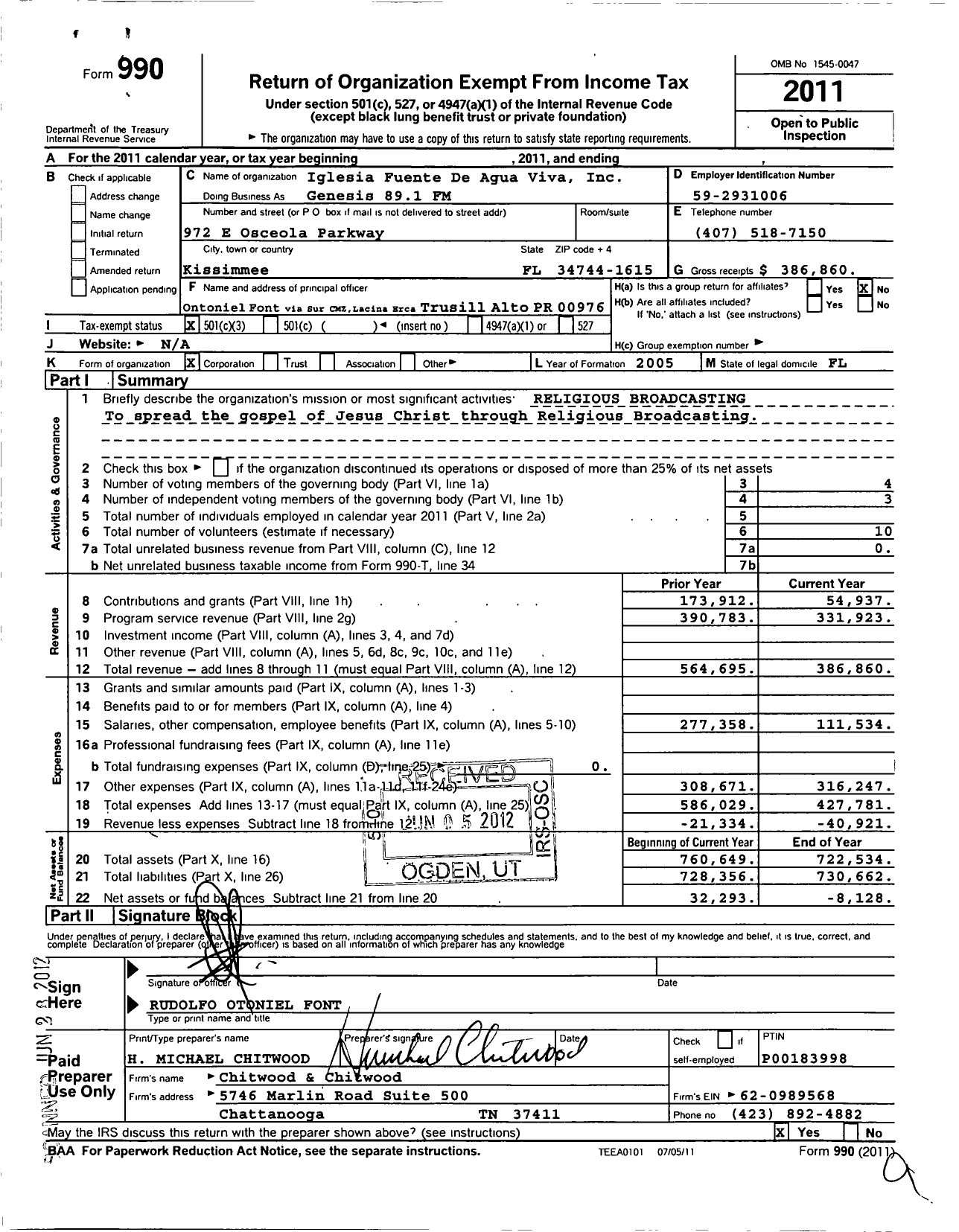 Image of first page of 2011 Form 990 for Iglesia Fuente de Agua Viva / Genesis 89 1 FM