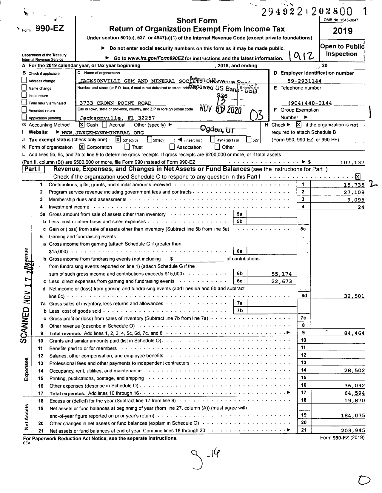 Image of first page of 2019 Form 990EZ for Jacksonville Gem and Mineral Society