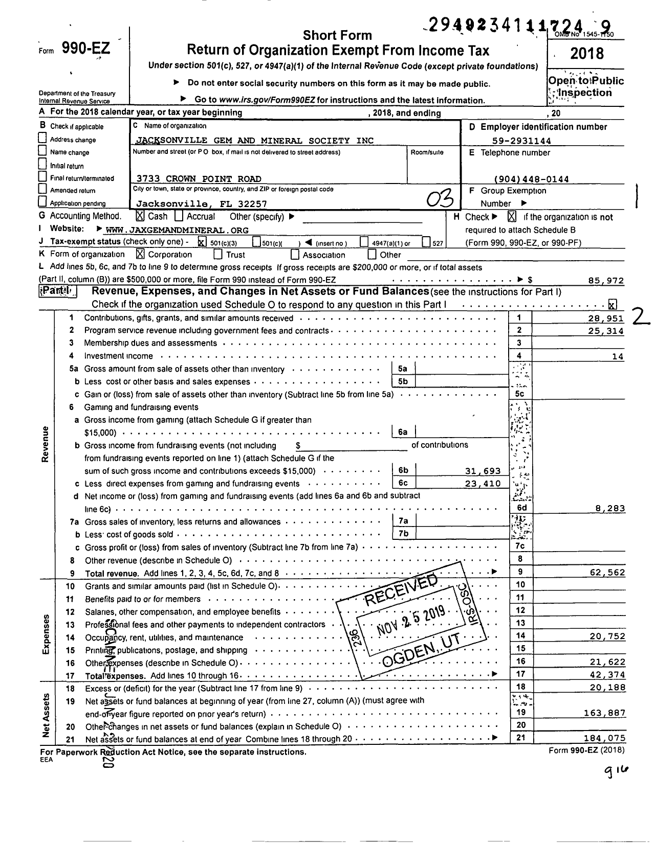 Image of first page of 2018 Form 990EZ for Jacksonville Gem and Mineral Society