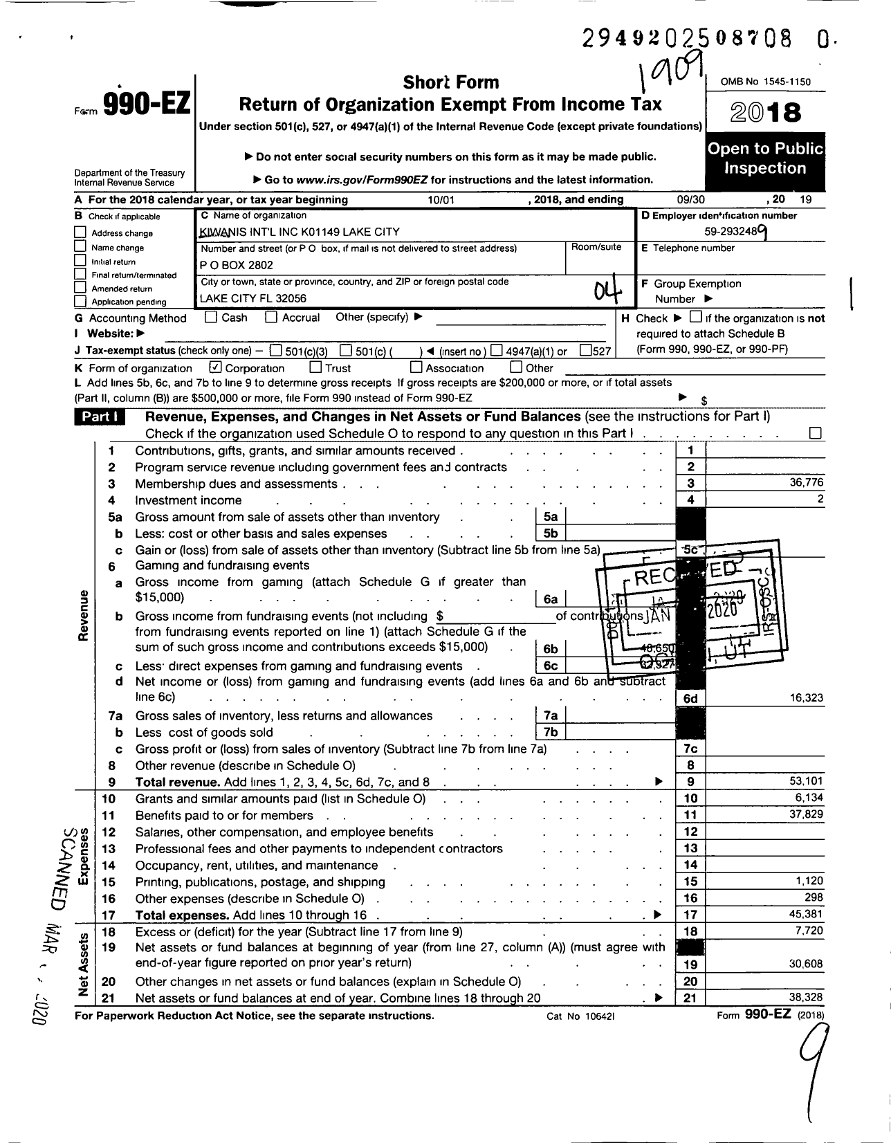 Image of first page of 2018 Form 990EO for Kiwanis International - K01149 Lake City