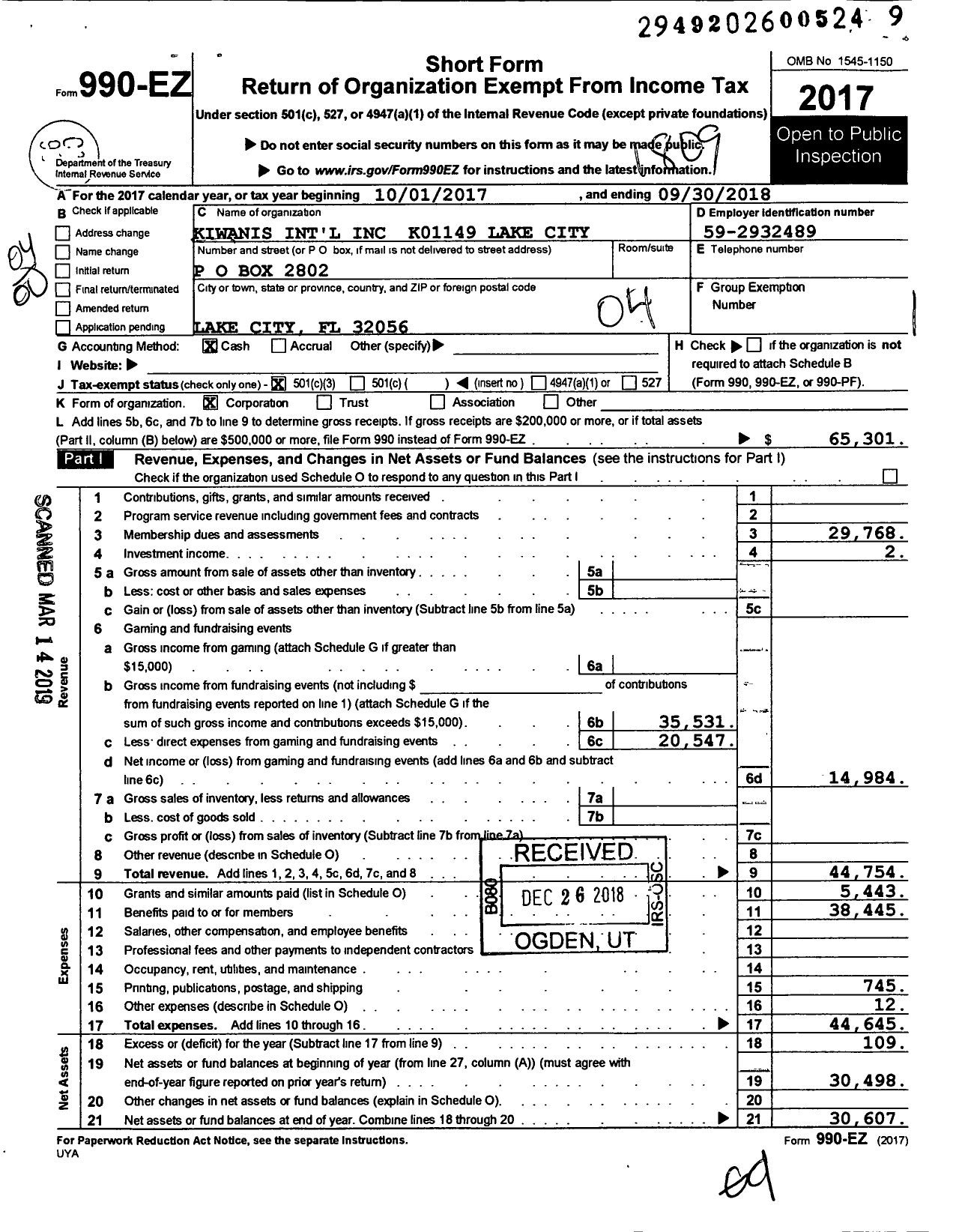 Image of first page of 2017 Form 990EO for Kiwanis International - K01149 Lake City