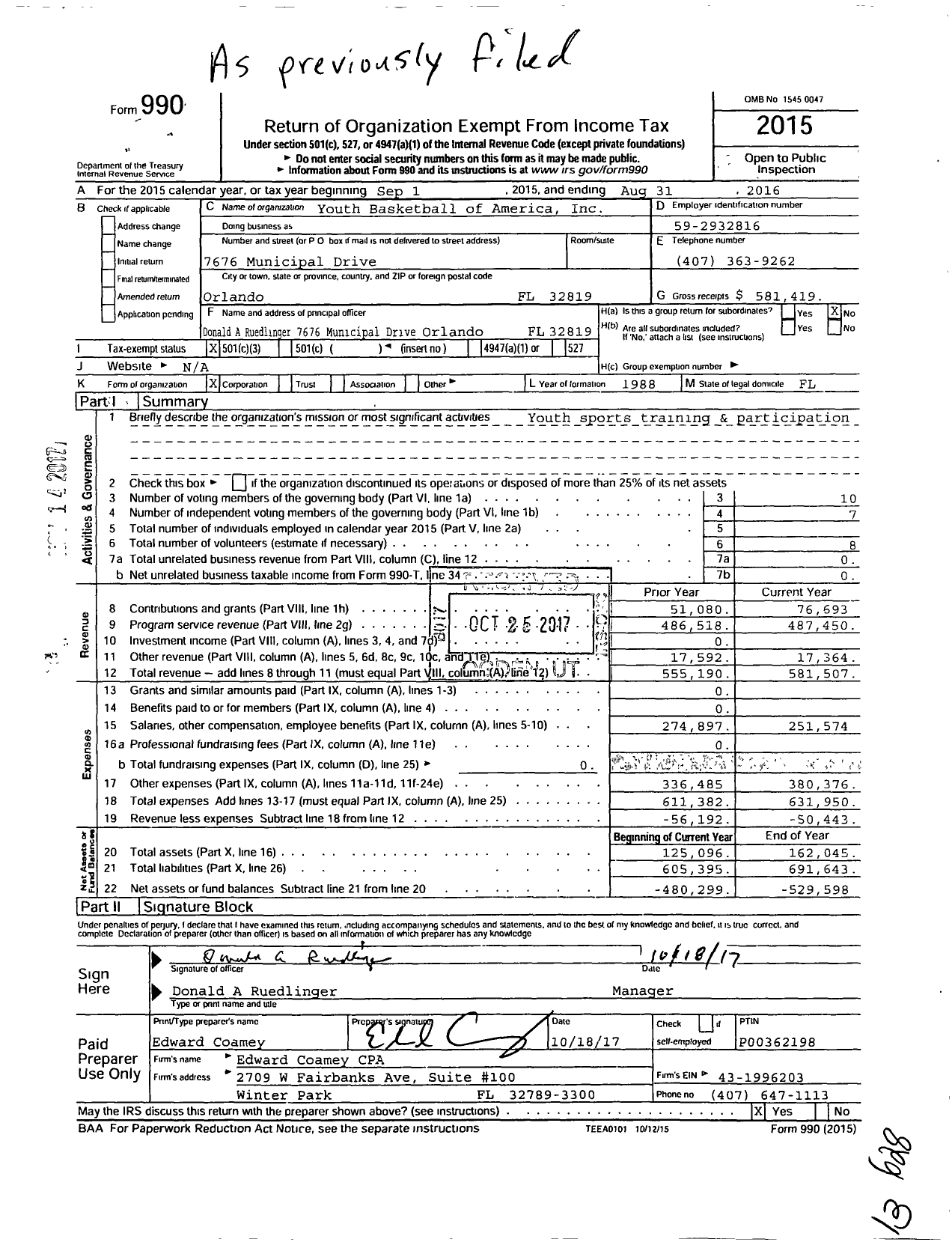 Image of first page of 2015 Form 990 for Youth Basketball of America (YBOA)