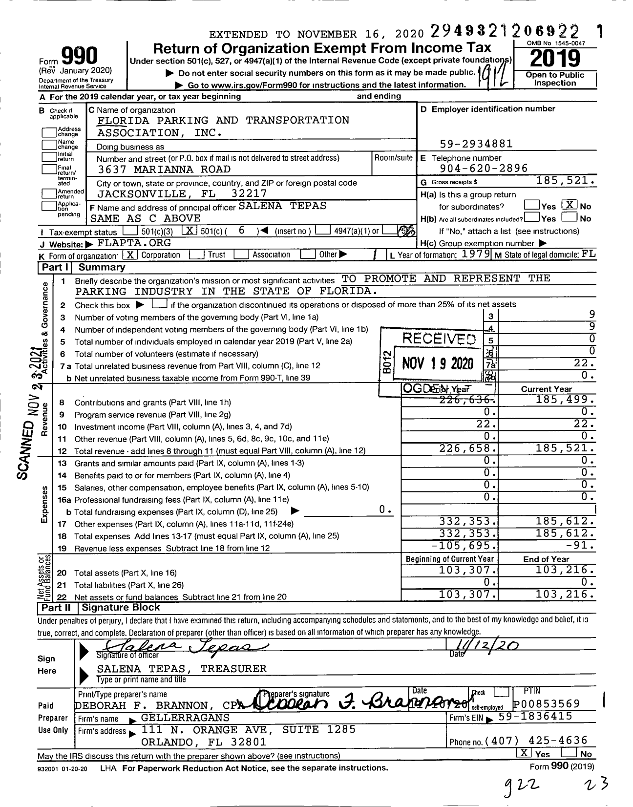 Image of first page of 2019 Form 990O for Florida Parking and Transportation Association