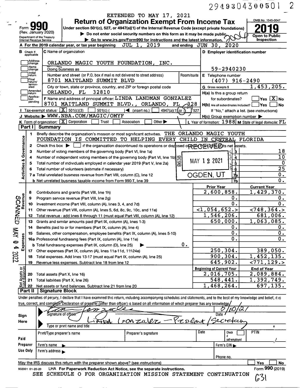 Image of first page of 2019 Form 990 for Orlando Magic Youth Foundation