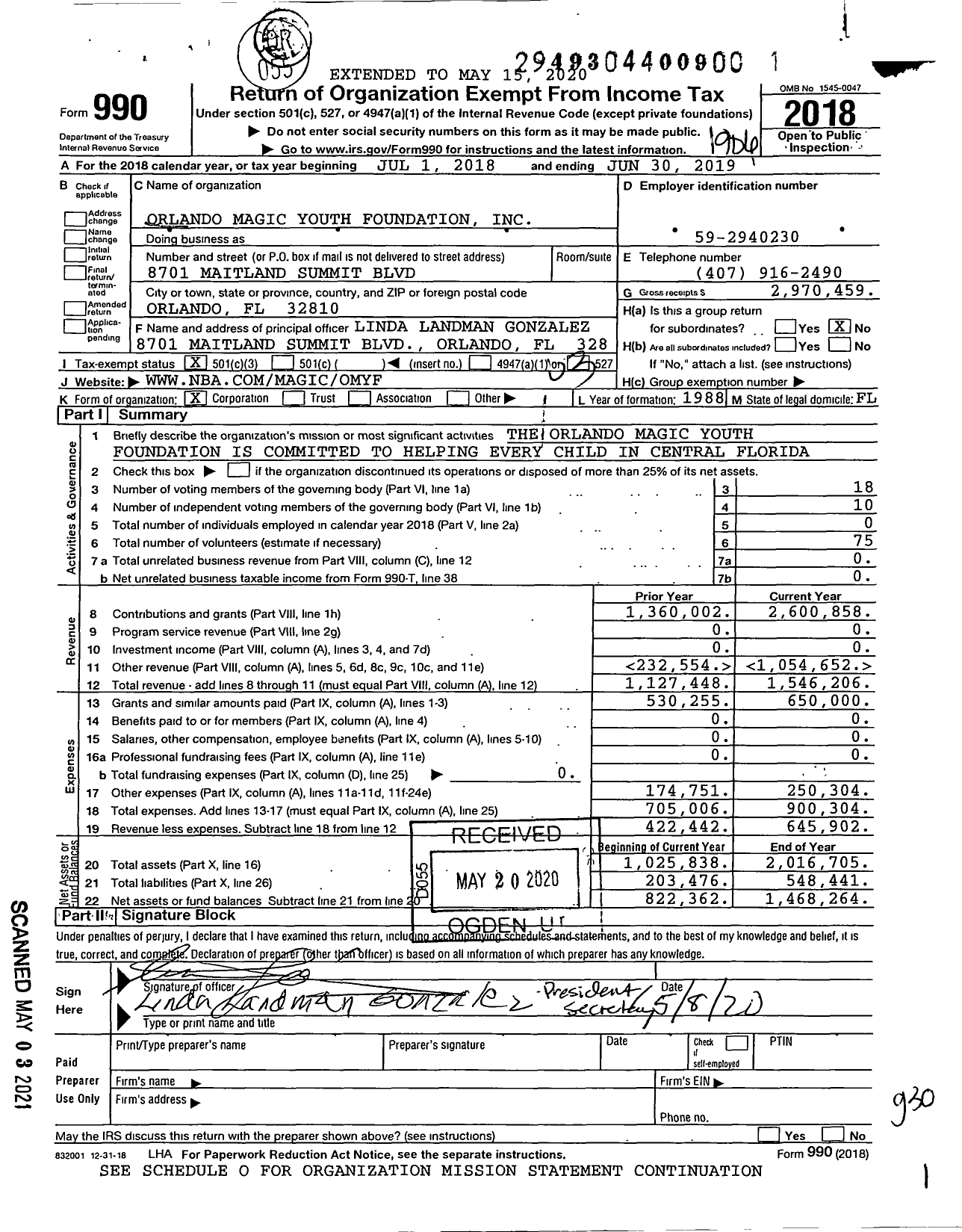 Image of first page of 2018 Form 990 for Orlando Magic Youth Foundation