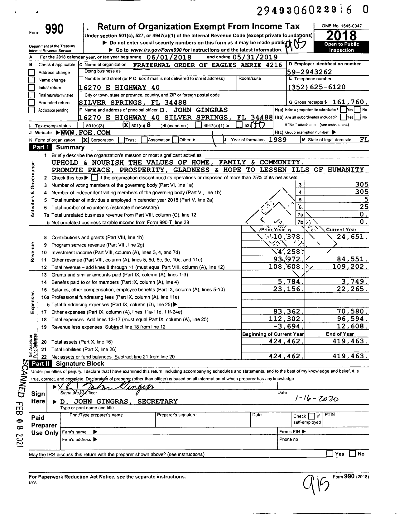 Image of first page of 2018 Form 990O for Fraternal Order of Eagles Aerie 4216