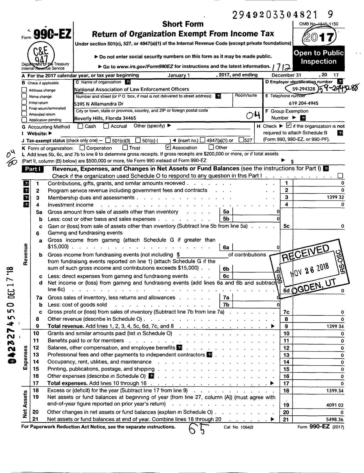 Image of first page of 2017 Form 990EO for National Association of Retired Law Enforcement Officers N A R L E O