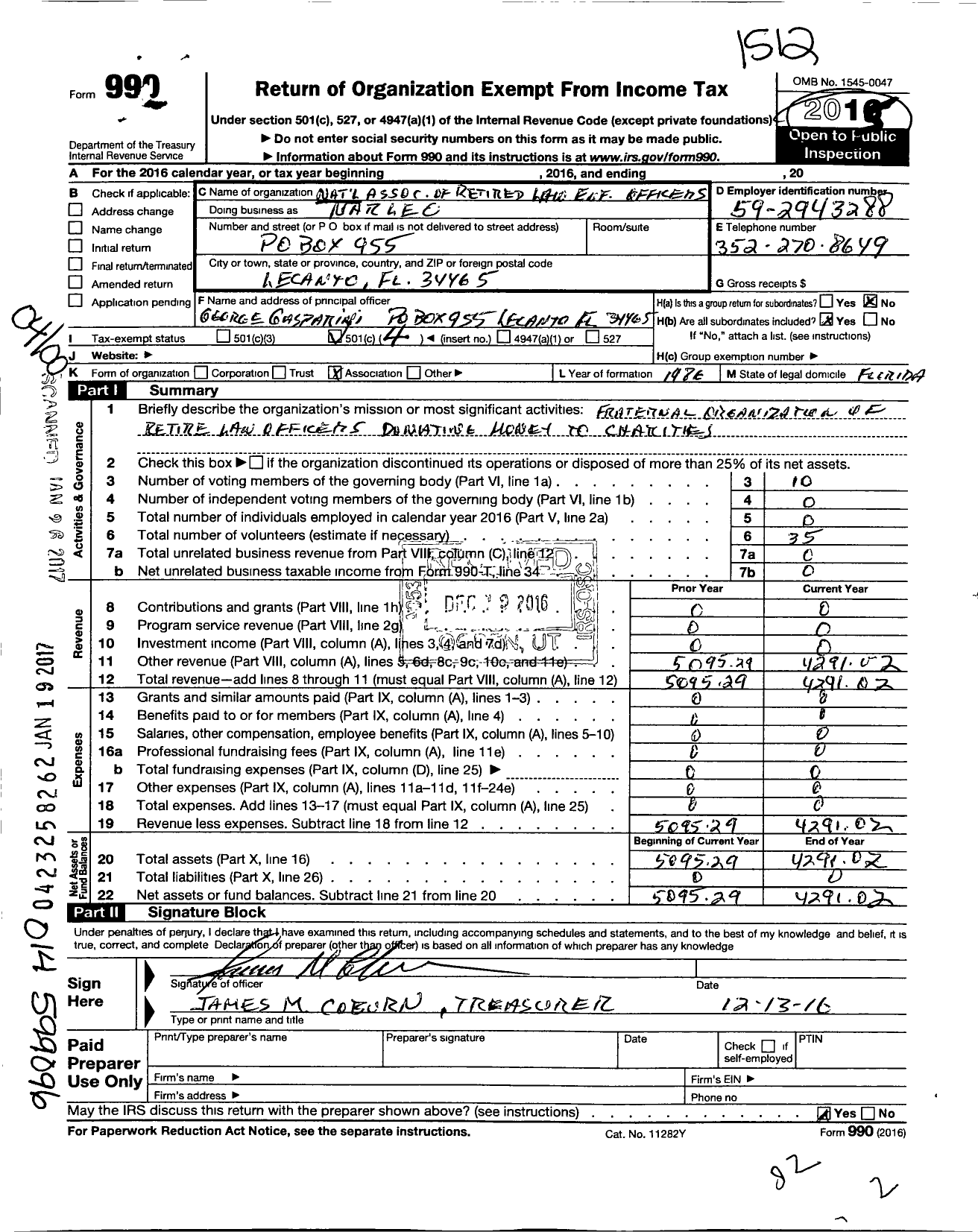 Image of first page of 2015 Form 990O for National Association of Retired Law Enforcement Officers N A R L E O