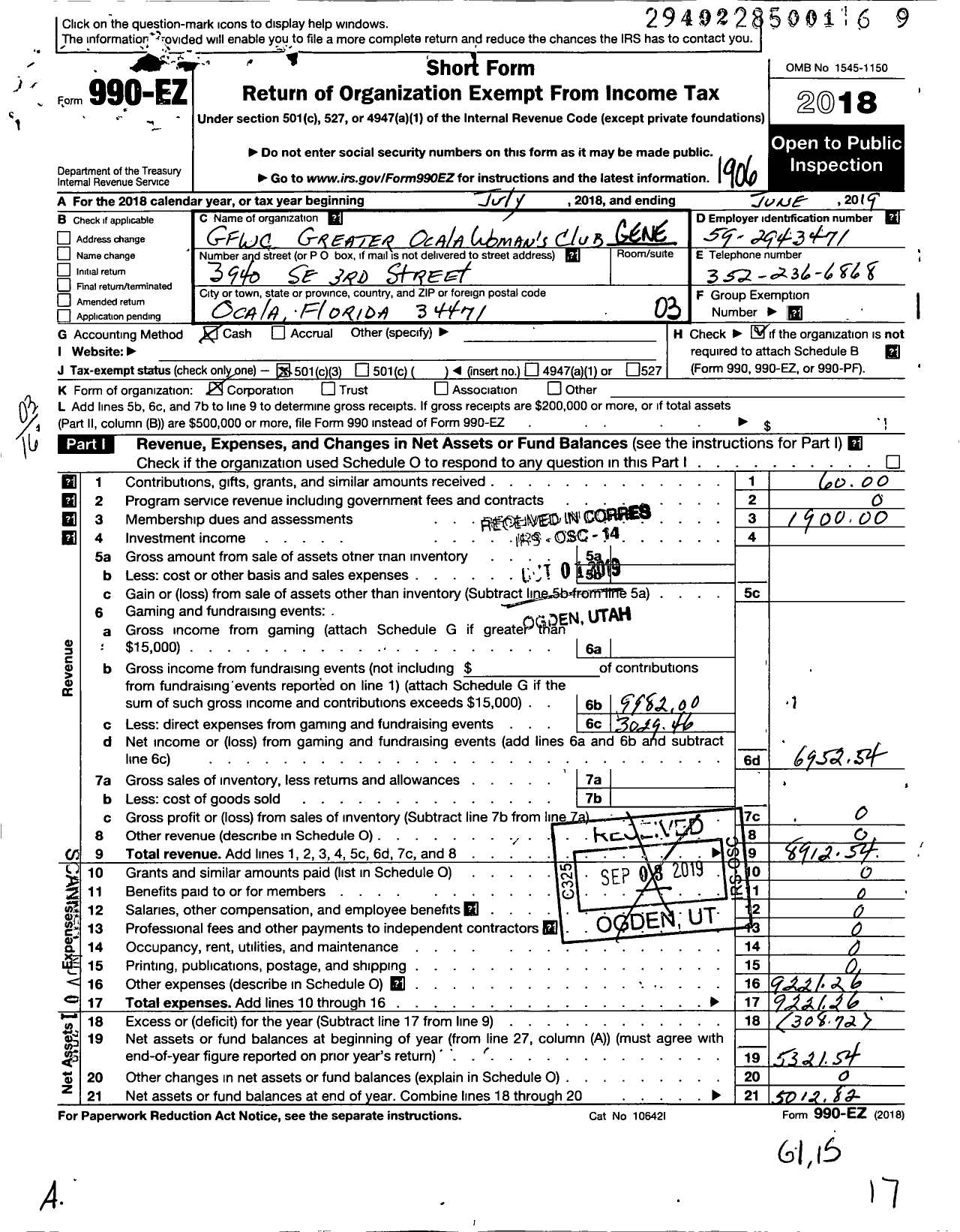 Image of first page of 2018 Form 990EZ for General Federation of Womens Clubs / GFWC Greater Ocala Womans Club Inc