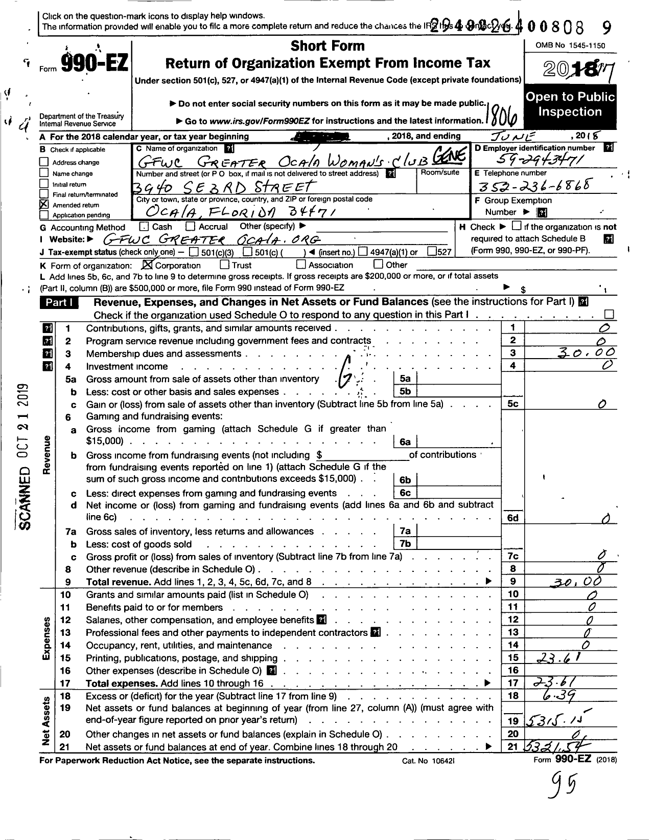 Image of first page of 2017 Form 990EZ for General Federation of Womens Clubs / GFWC Greater Ocala Womans Club Inc