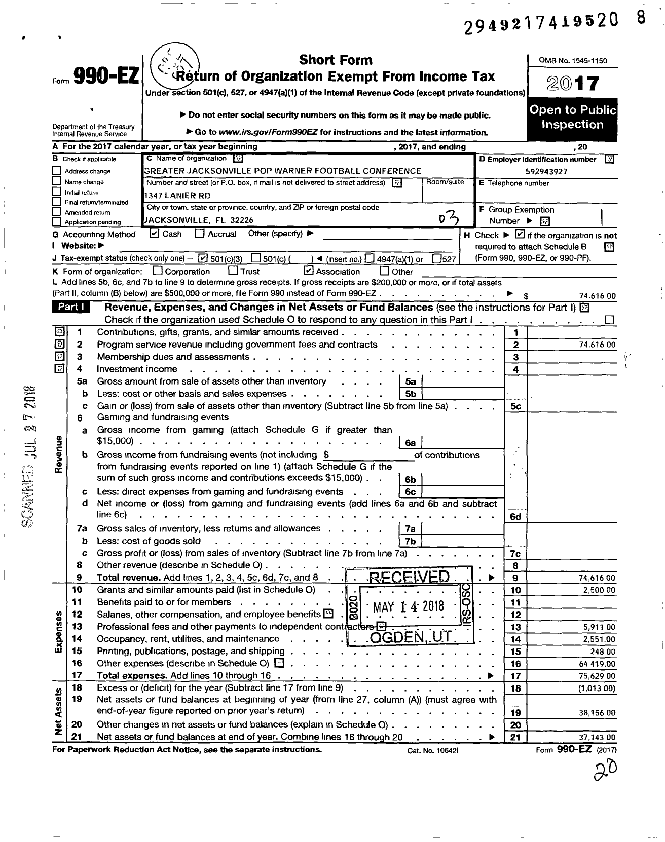 Image of first page of 2017 Form 990EZ for Pop Warner Little Scholars / Greater Jacksonville PW Football