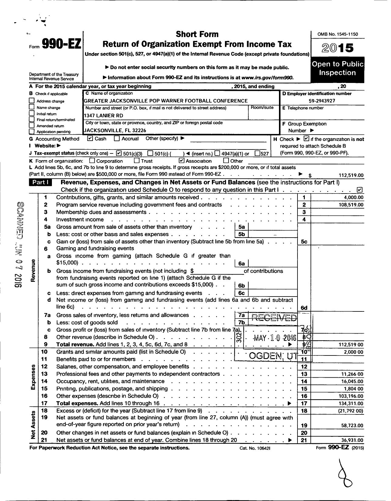 Image of first page of 2015 Form 990EZ for Pop Warner Little Scholars / Greater Jacksonville PW Football