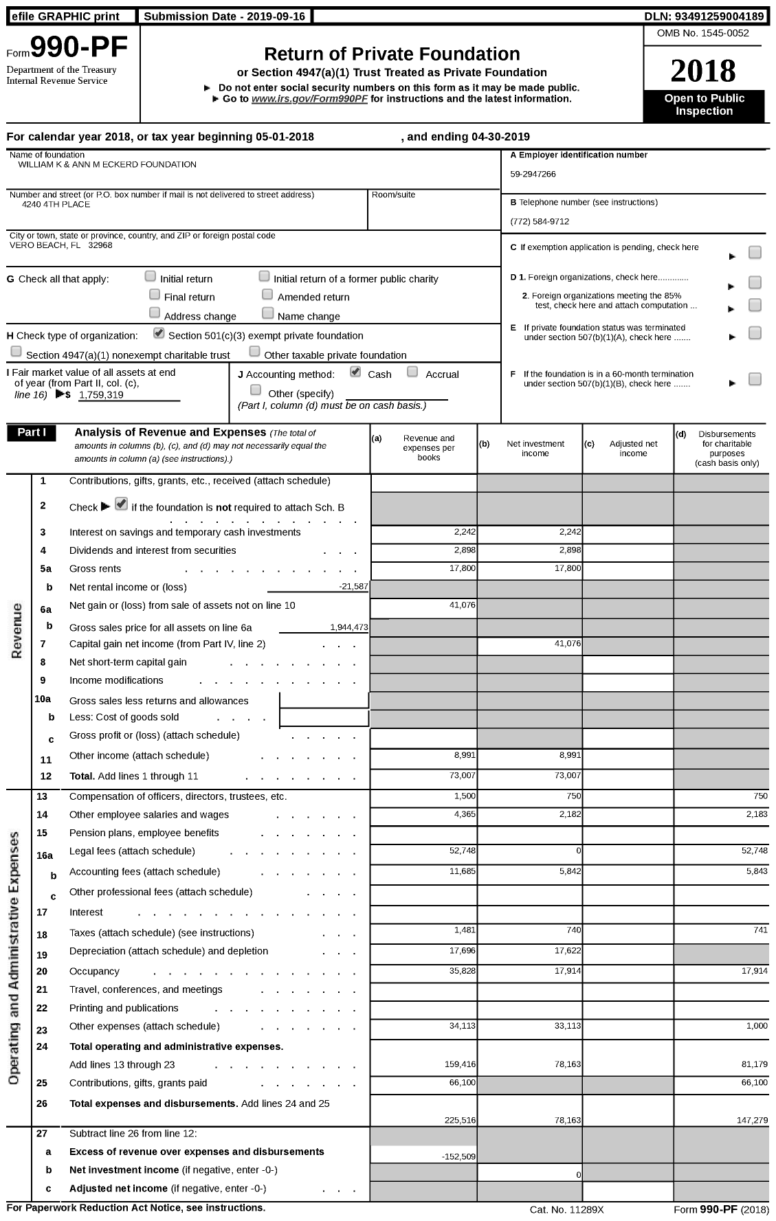 Image of first page of 2018 Form 990PF for William K and Ann M Eckerd Foundation
