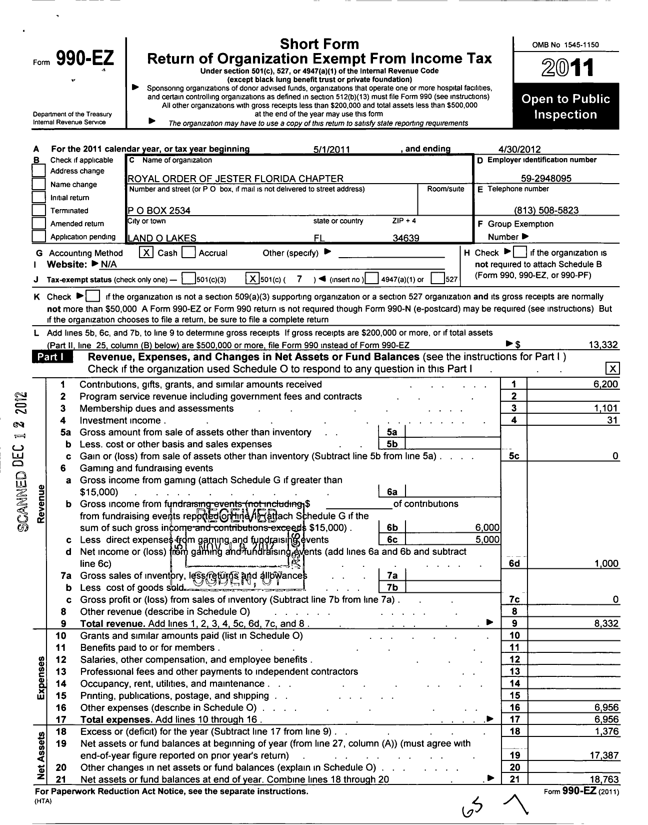 Image of first page of 2011 Form 990EO for Jesters of Florida