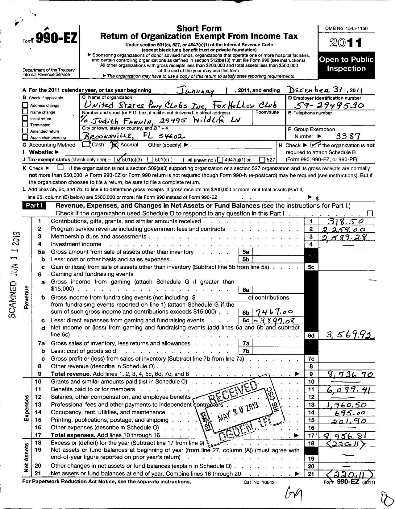 Image of first page of 2011 Form 990EZ for The United States Pony Clubs / Fox Hollow Pony Club