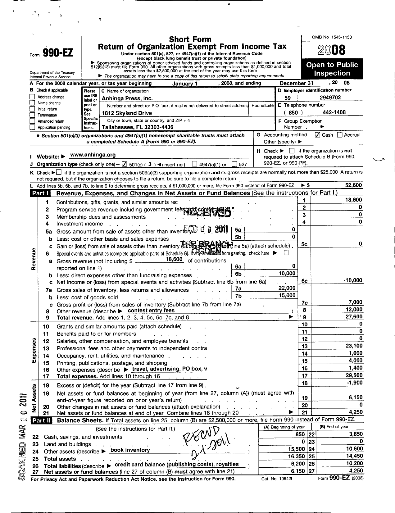 Image of first page of 2008 Form 990EZ for Anhinga Press