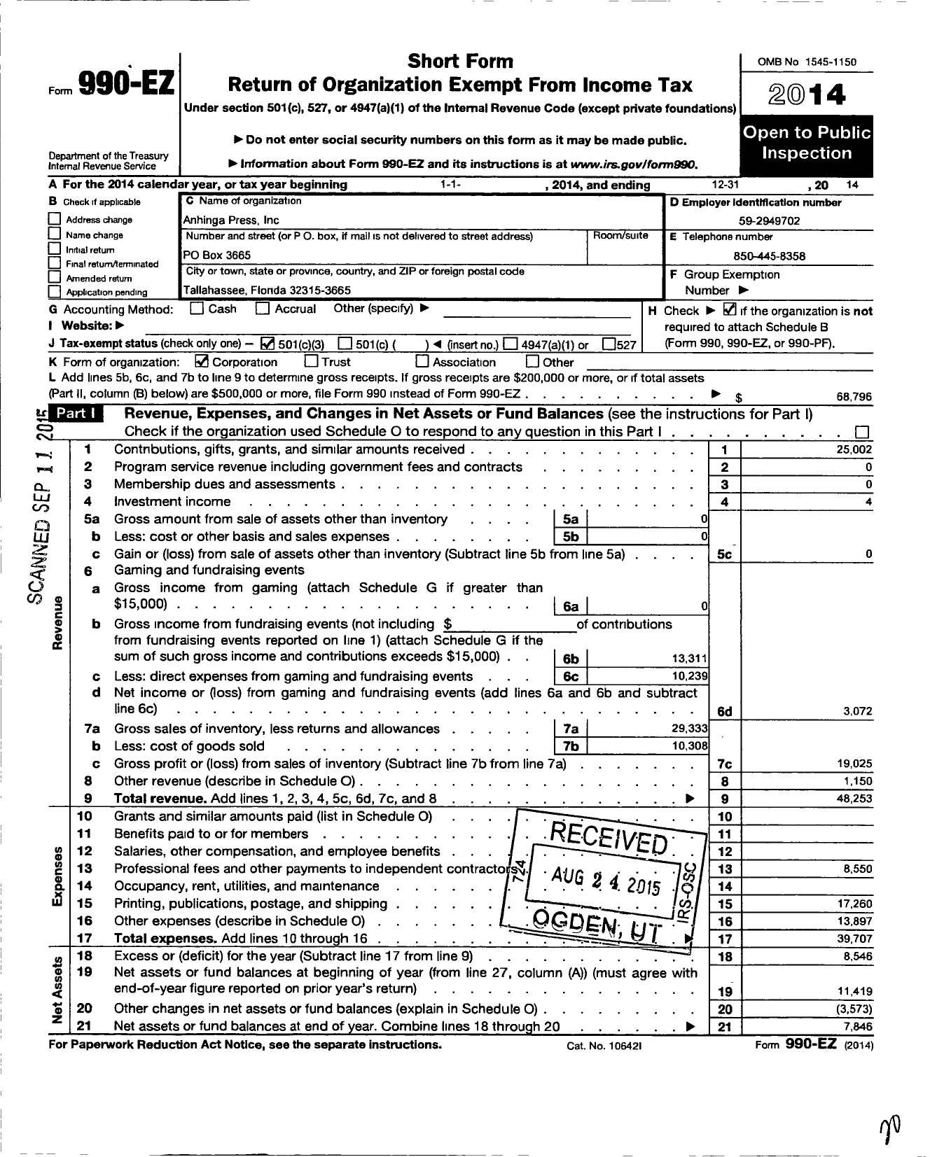 Image of first page of 2014 Form 990EZ for Anhinga Press