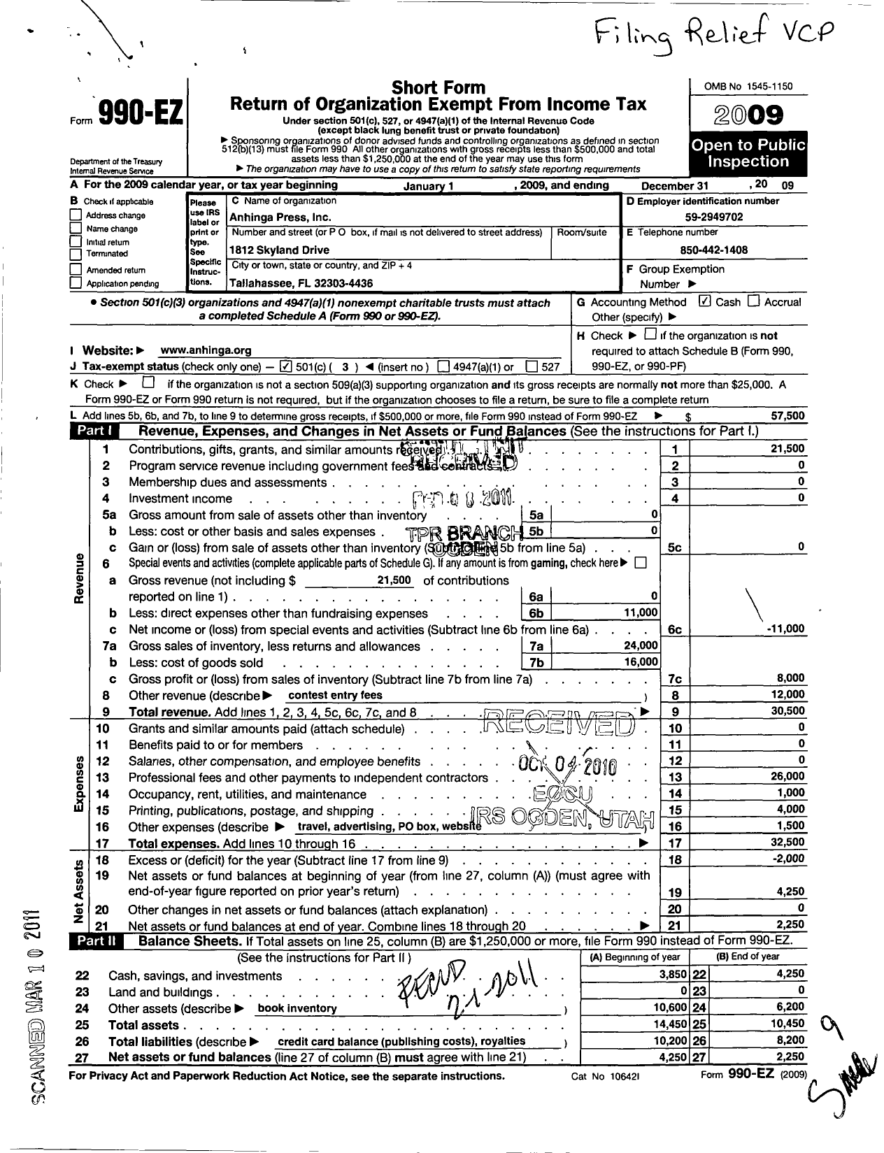 Image of first page of 2009 Form 990EZ for Anhinga Press