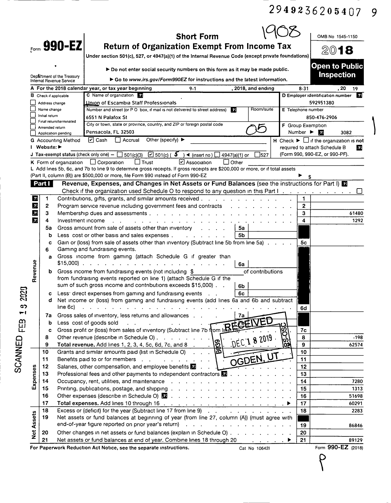 Image of first page of 2018 Form 990EO for Union of Escambia Educational Staff