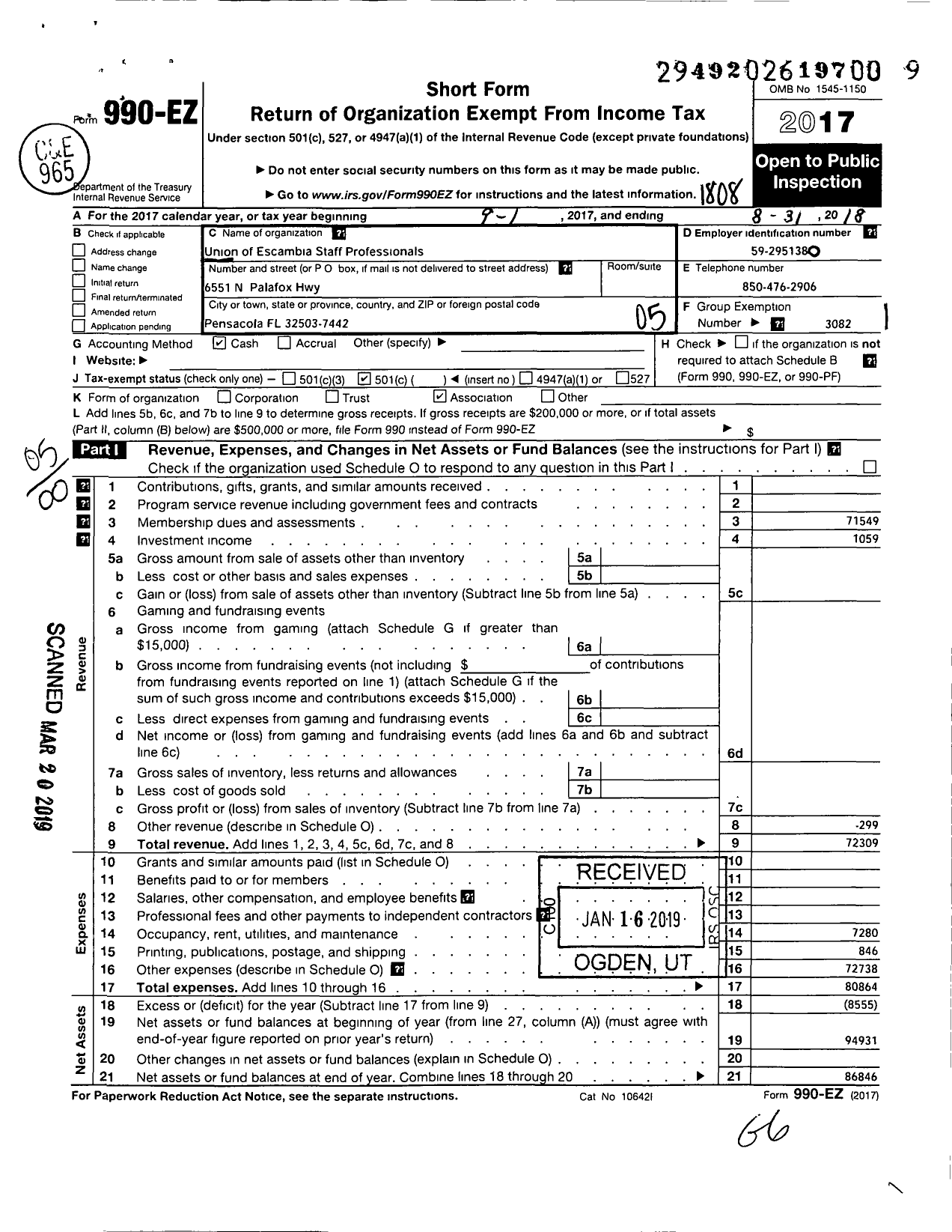 Image of first page of 2017 Form 990EO for Union of Escambia Educational Staff