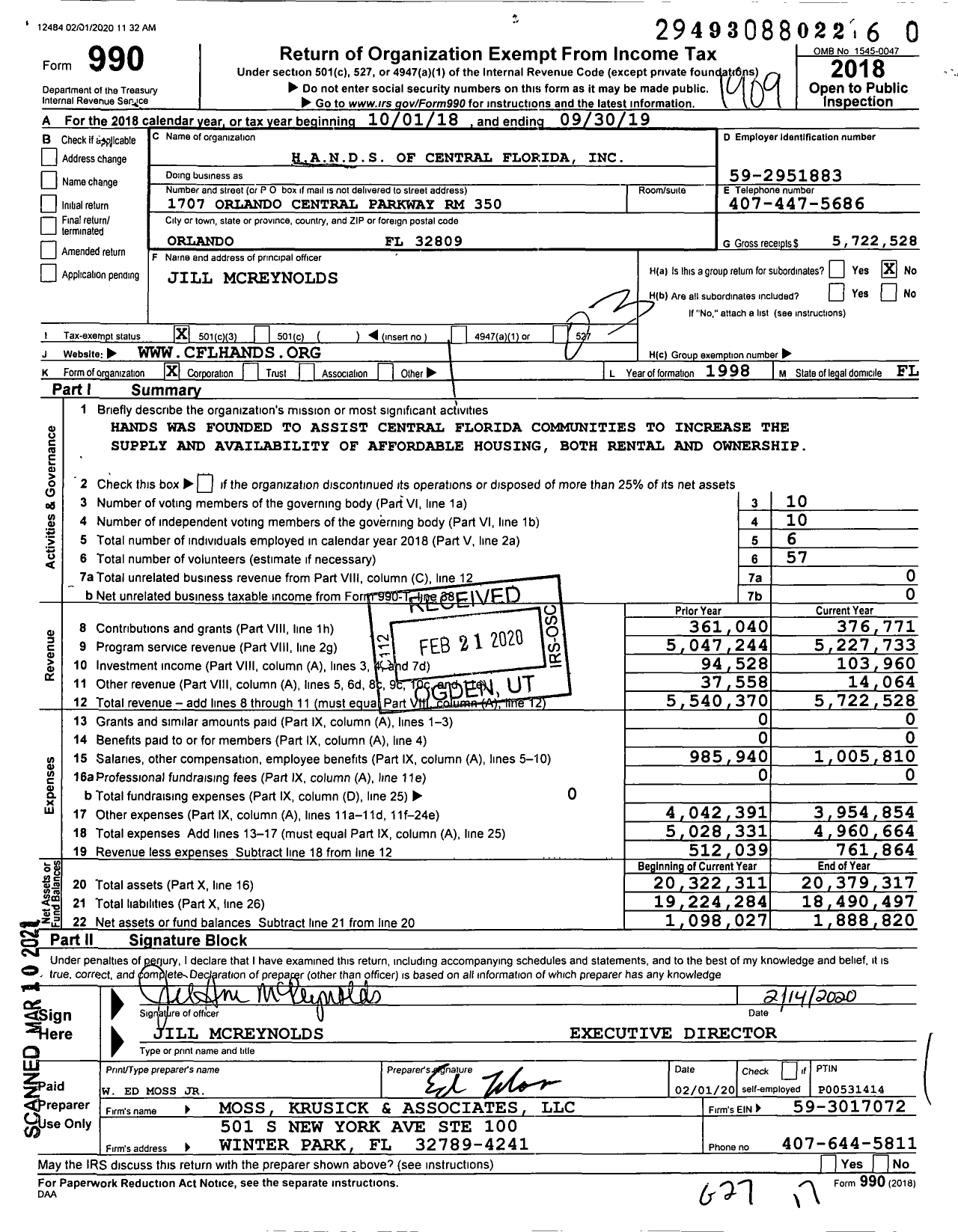 Image of first page of 2018 Form 990 for Hands of Central Florida