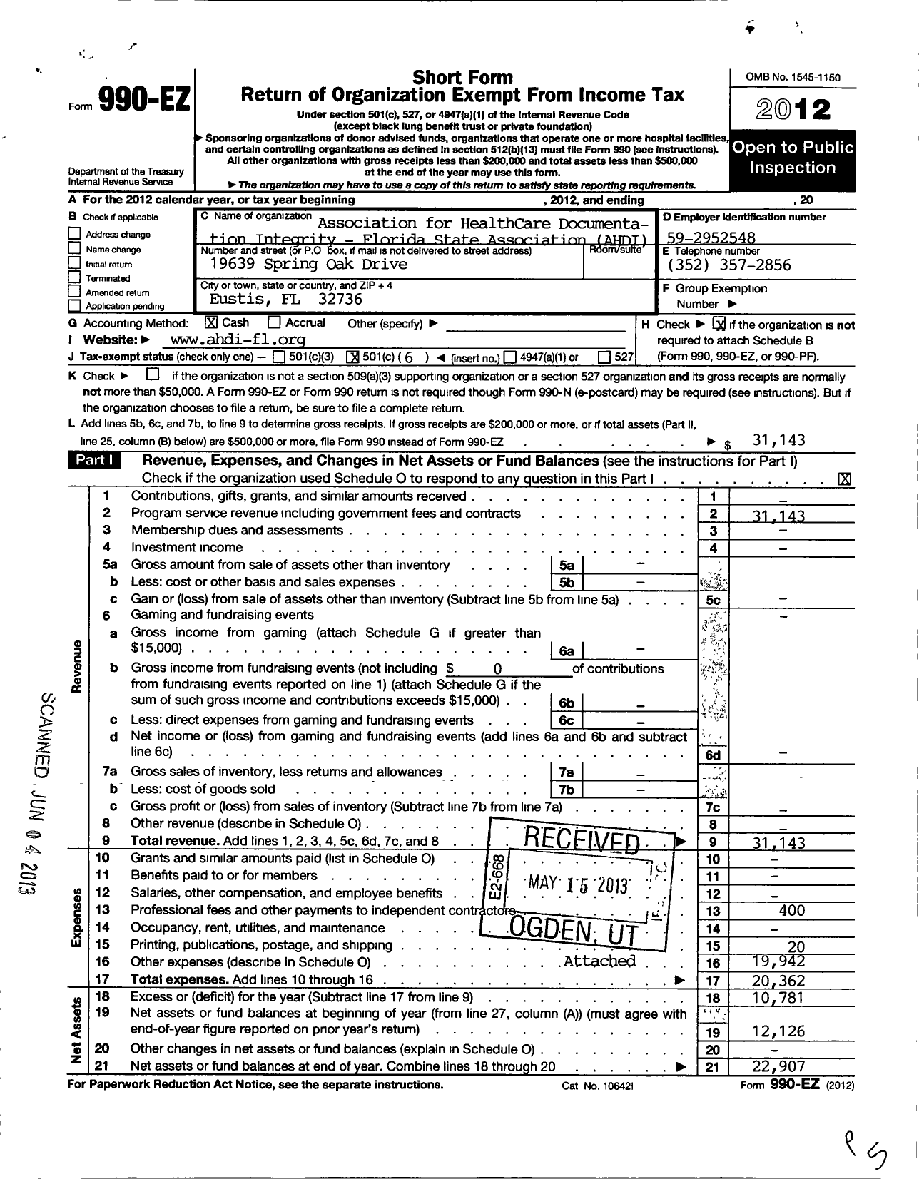 Image of first page of 2012 Form 990EO for Association for Healthcare Documentation Integrity / Florida State Association