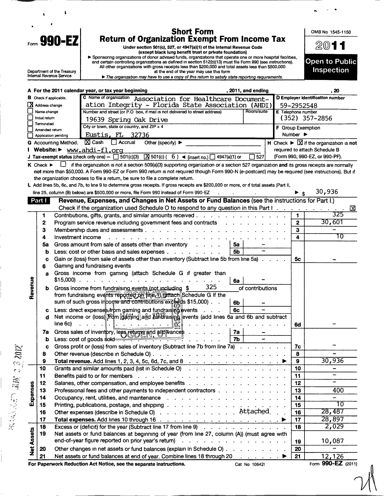 Image of first page of 2011 Form 990EO for Association for Healthcare Documentation Integrity / Florida State Association