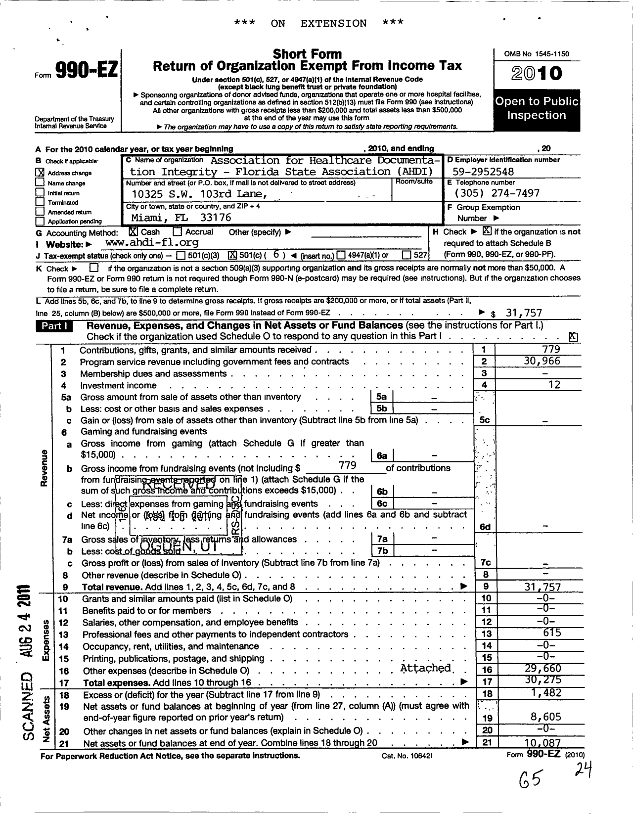 Image of first page of 2010 Form 990EO for Association for Healthcare Documentation Integrity / Florida State Association