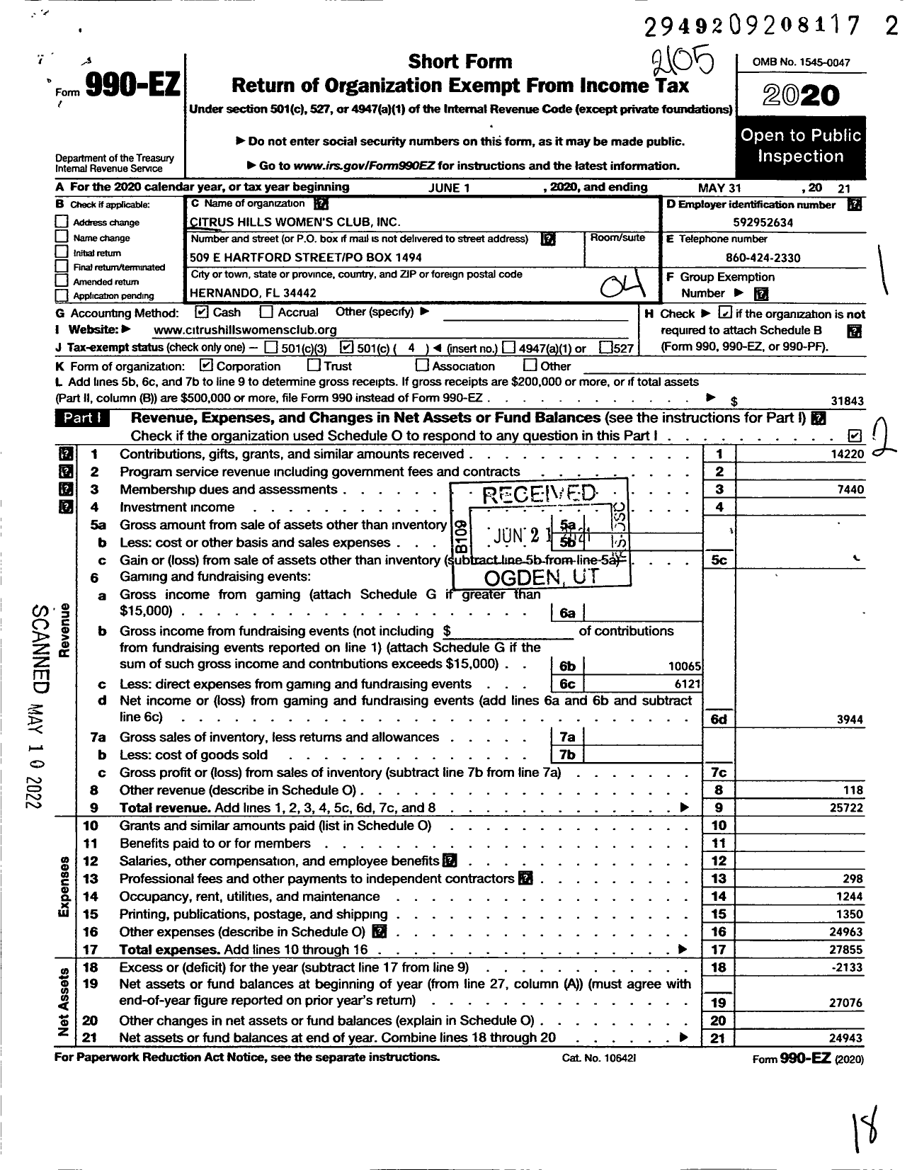 Image of first page of 2020 Form 990EO for Citrus Hills Womens Club