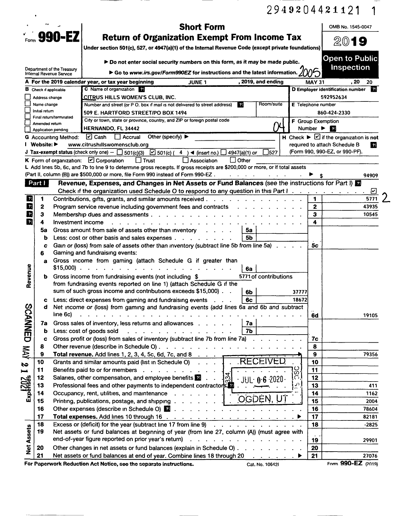 Image of first page of 2019 Form 990EO for Citrus Hills Womens Club