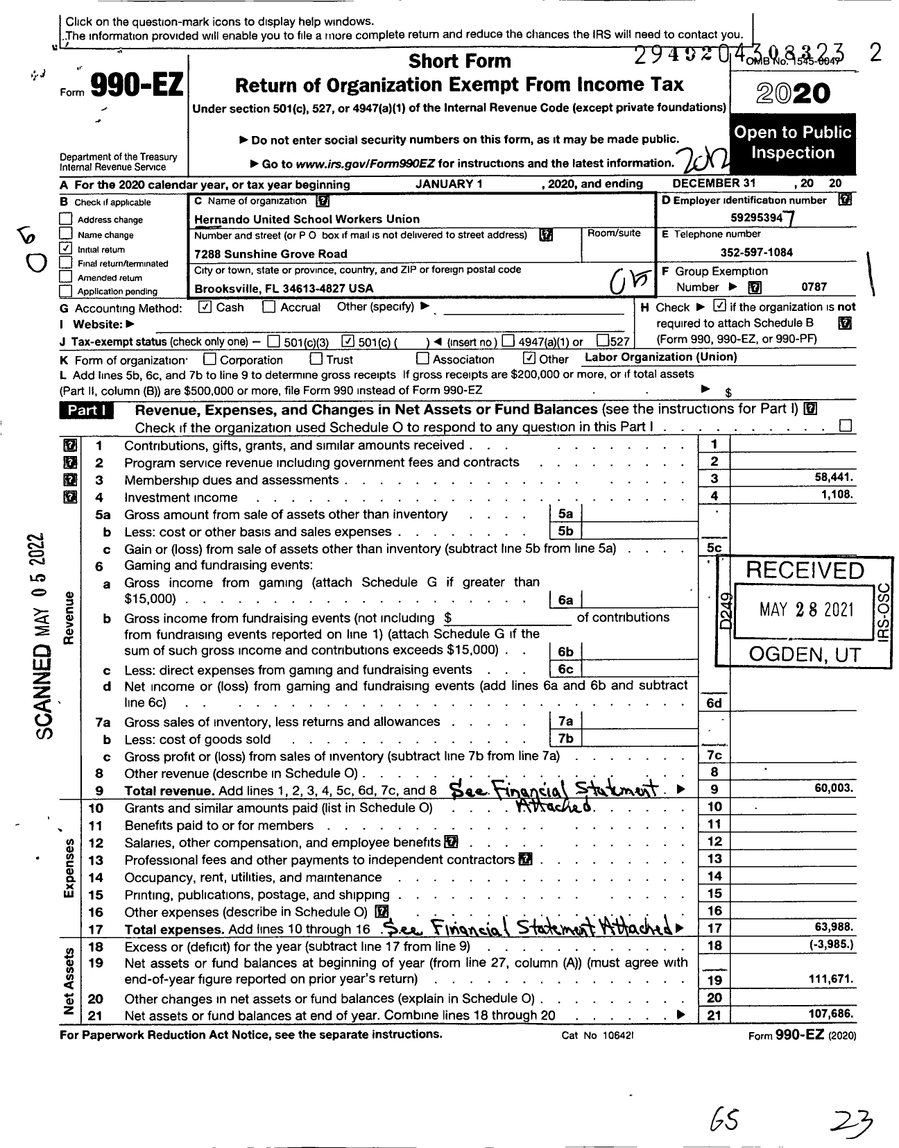 Image of first page of 2020 Form 990EO for American Federation of Teachers - 4730 Hernando United School Workers