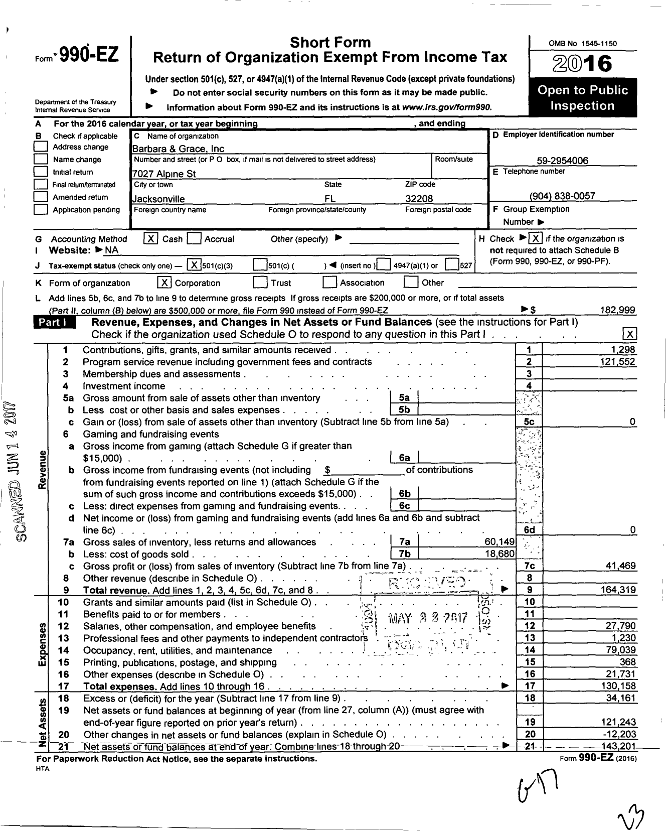 Image of first page of 2016 Form 990EZ for Barbara and Grace