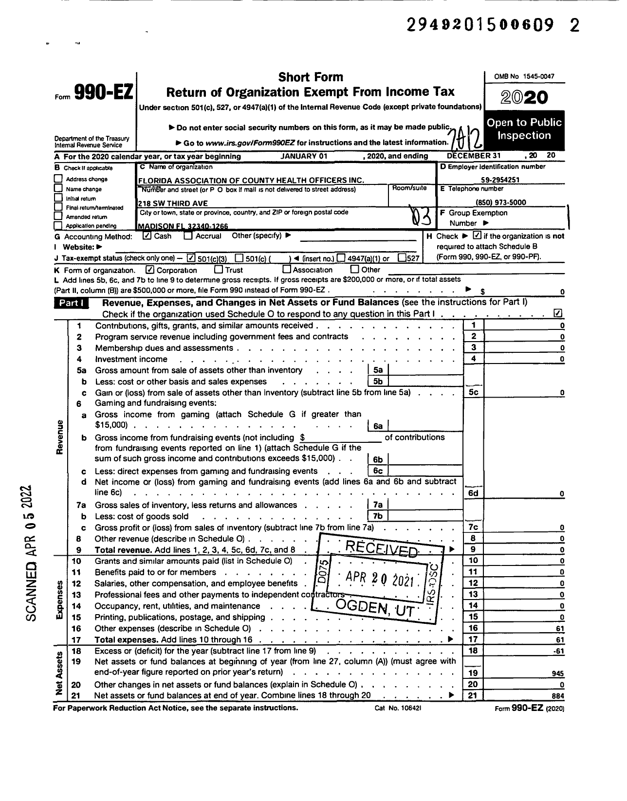 Image of first page of 2020 Form 990EZ for Florida Association of County Health Officers