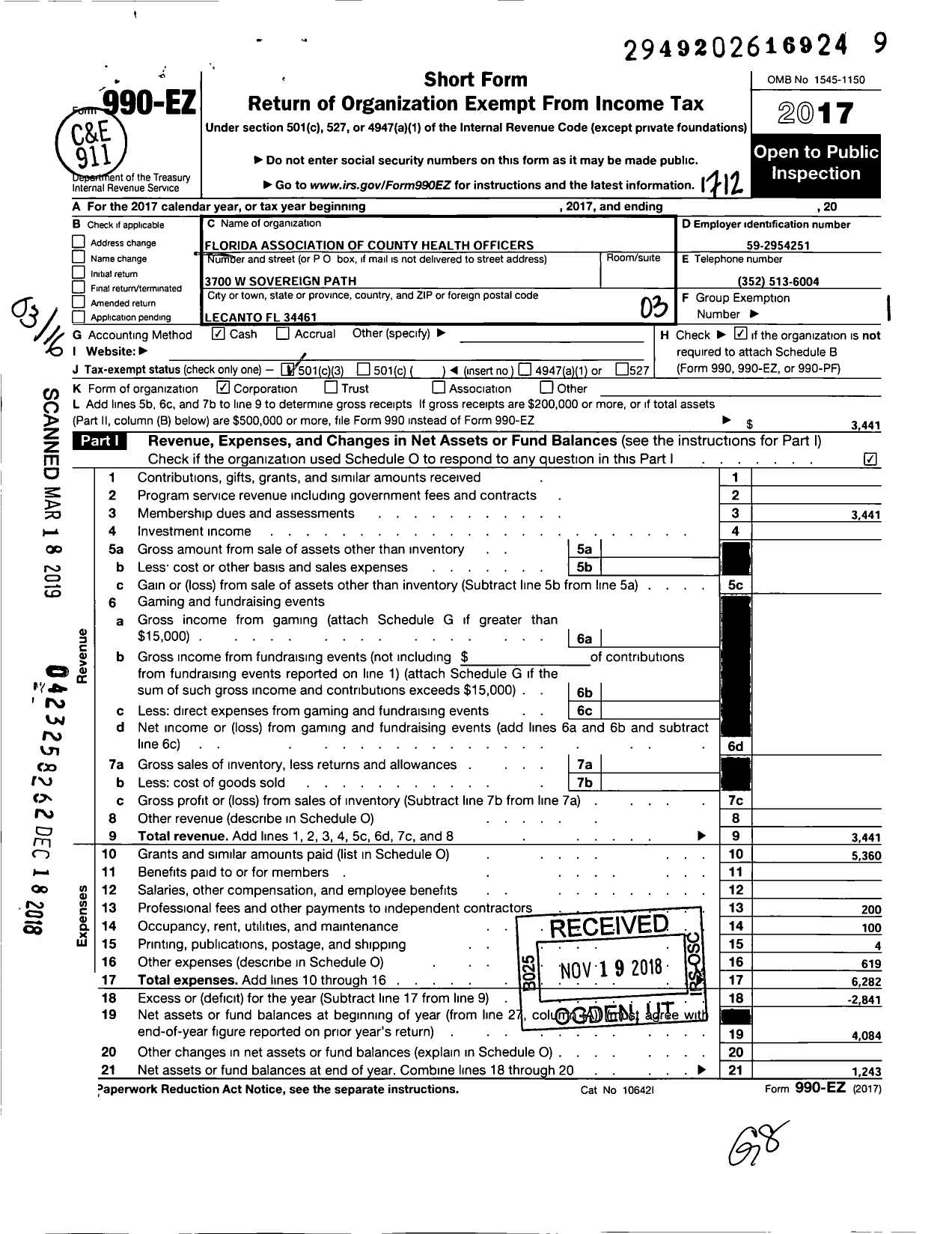 Image of first page of 2017 Form 990EZ for Florida Association of County Health Officers