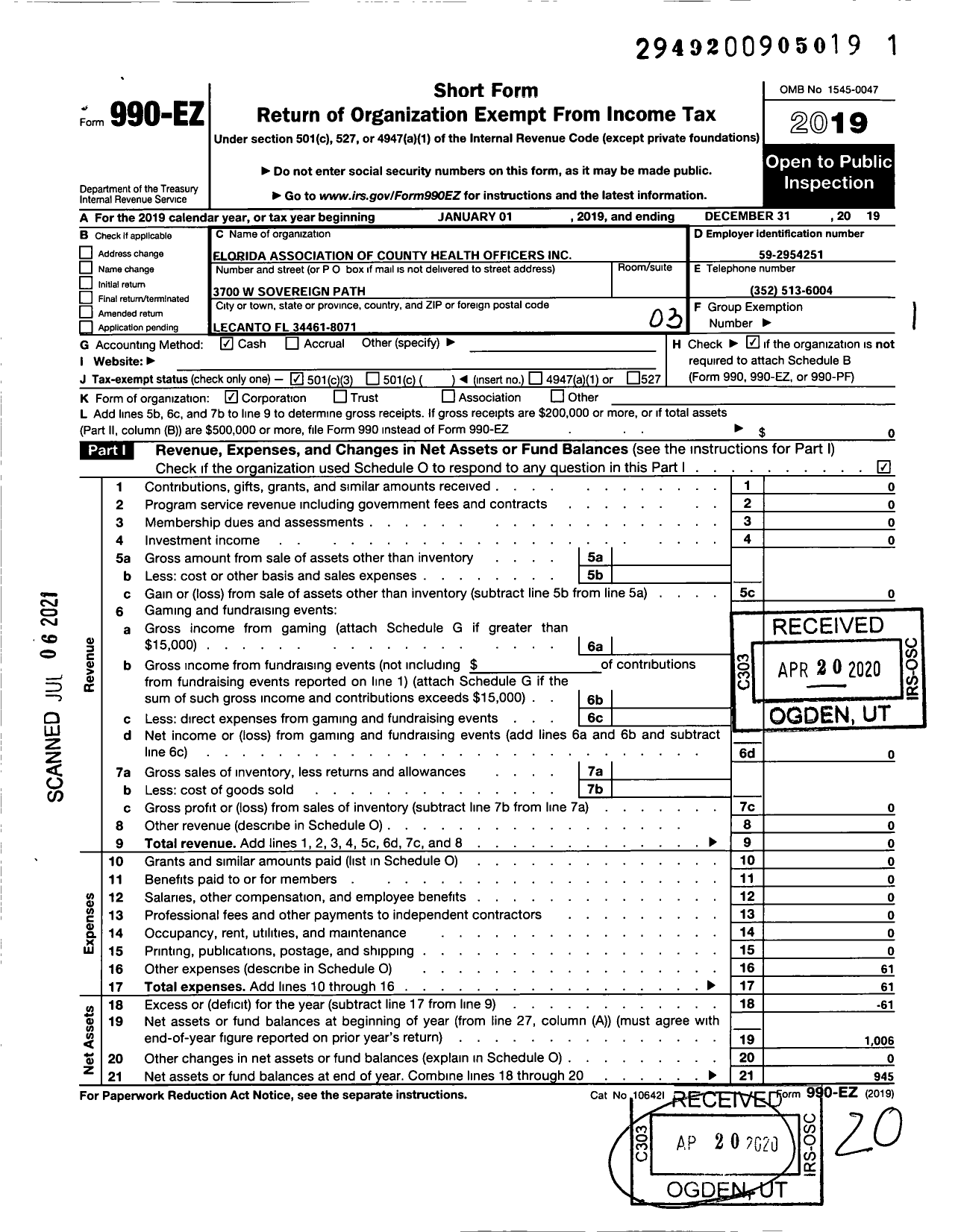 Image of first page of 2019 Form 990EZ for Florida Association of County Health Officers