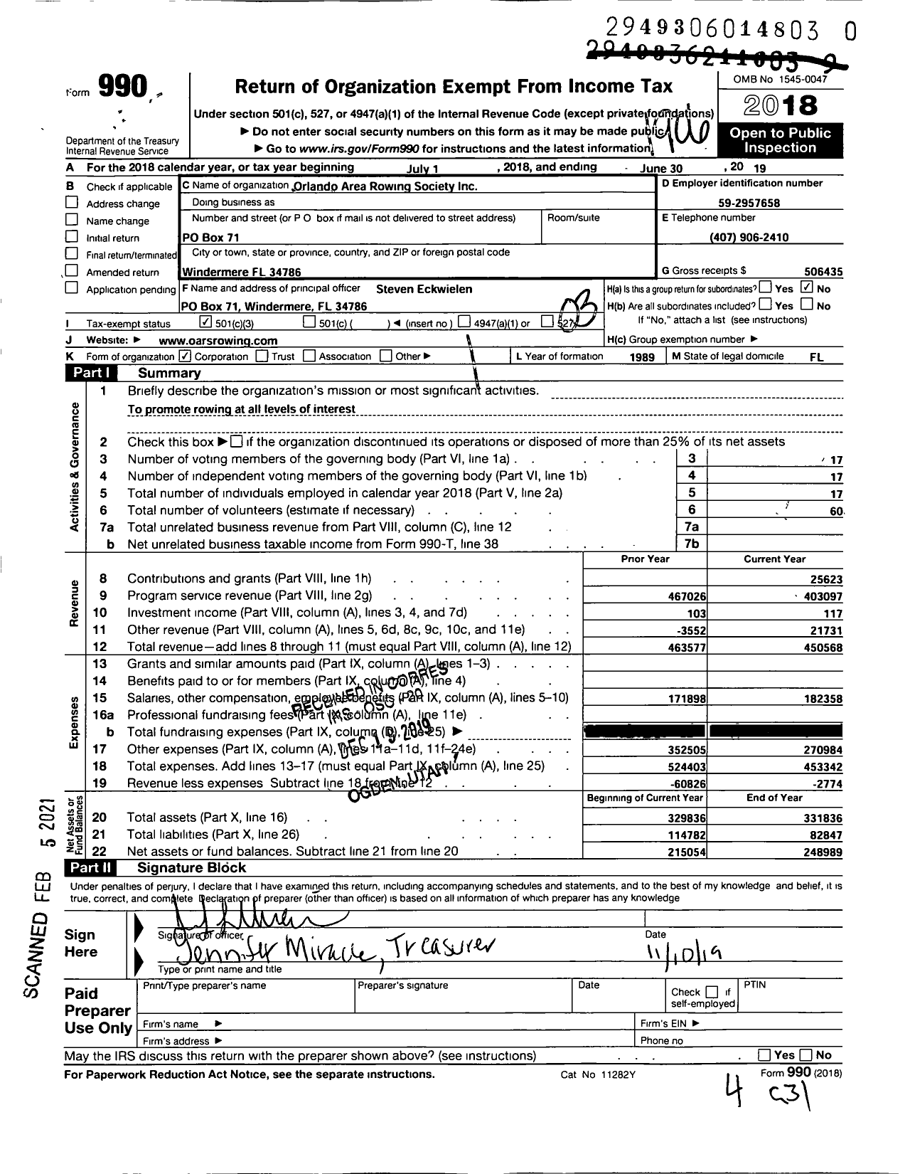 Image of first page of 2018 Form 990 for Orlando Area Rowing Society