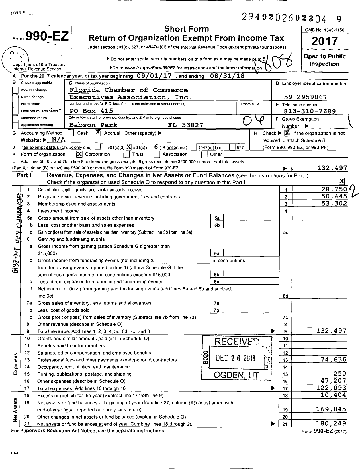 Image of first page of 2017 Form 990EO for Florida Chamber of Commerce Executives Association