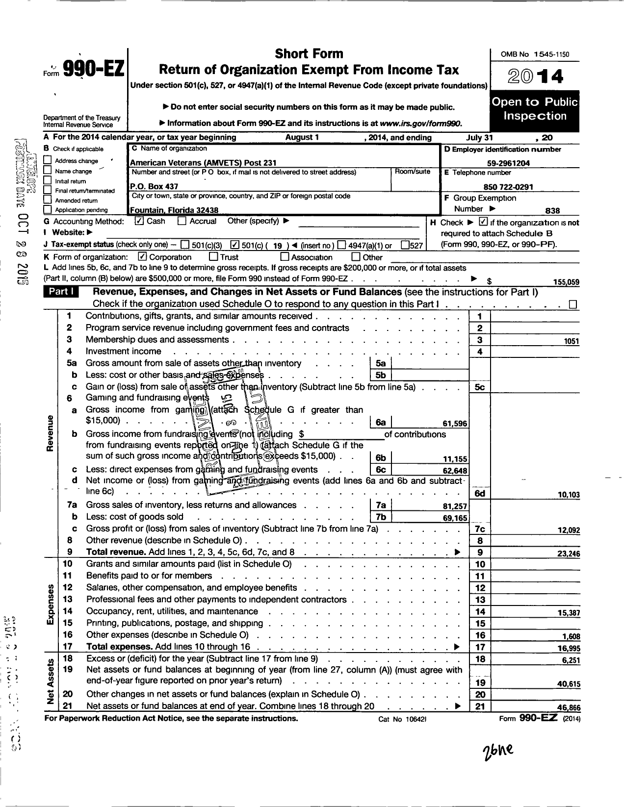 Image of first page of 2013 Form 990EO for Amvets - 0231 FL