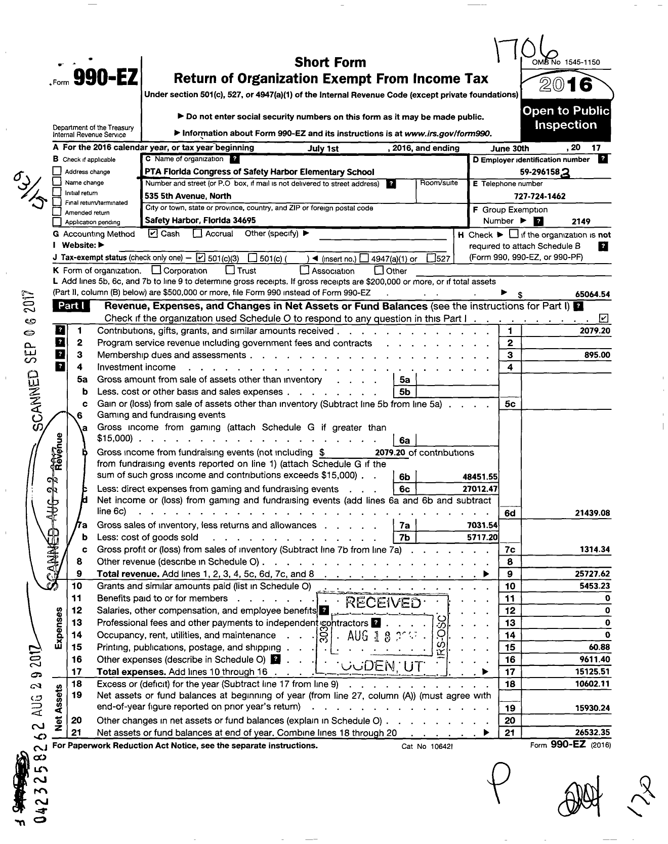 Image of first page of 2016 Form 990EZ for PTA Florida Congress - Safety Harbor Elem PTA