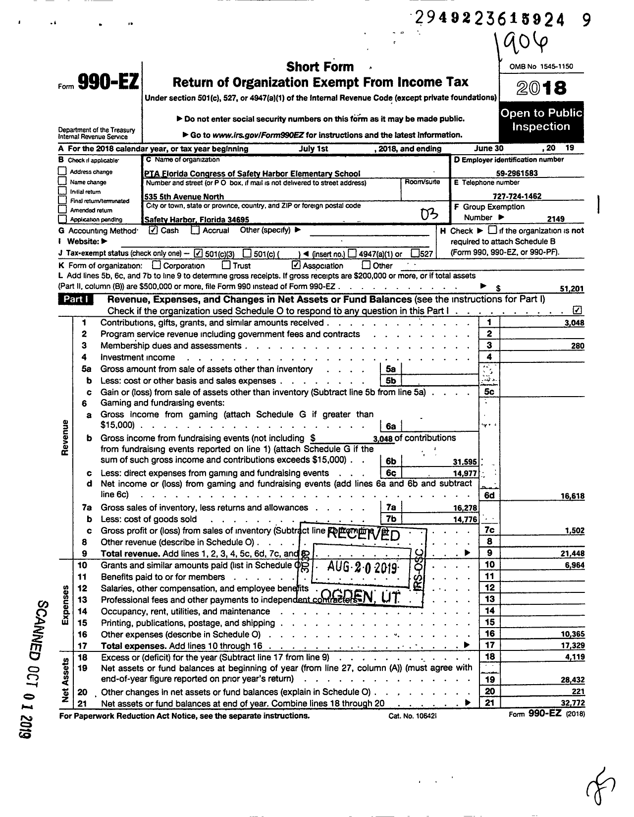 Image of first page of 2018 Form 990EZ for PTA Florida Congress - Safety Harbor Elem PTA