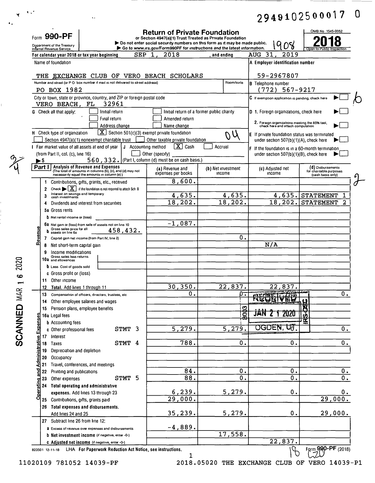 Image of first page of 2018 Form 990PR for The Exchange Club of Vero Beach Scholarship