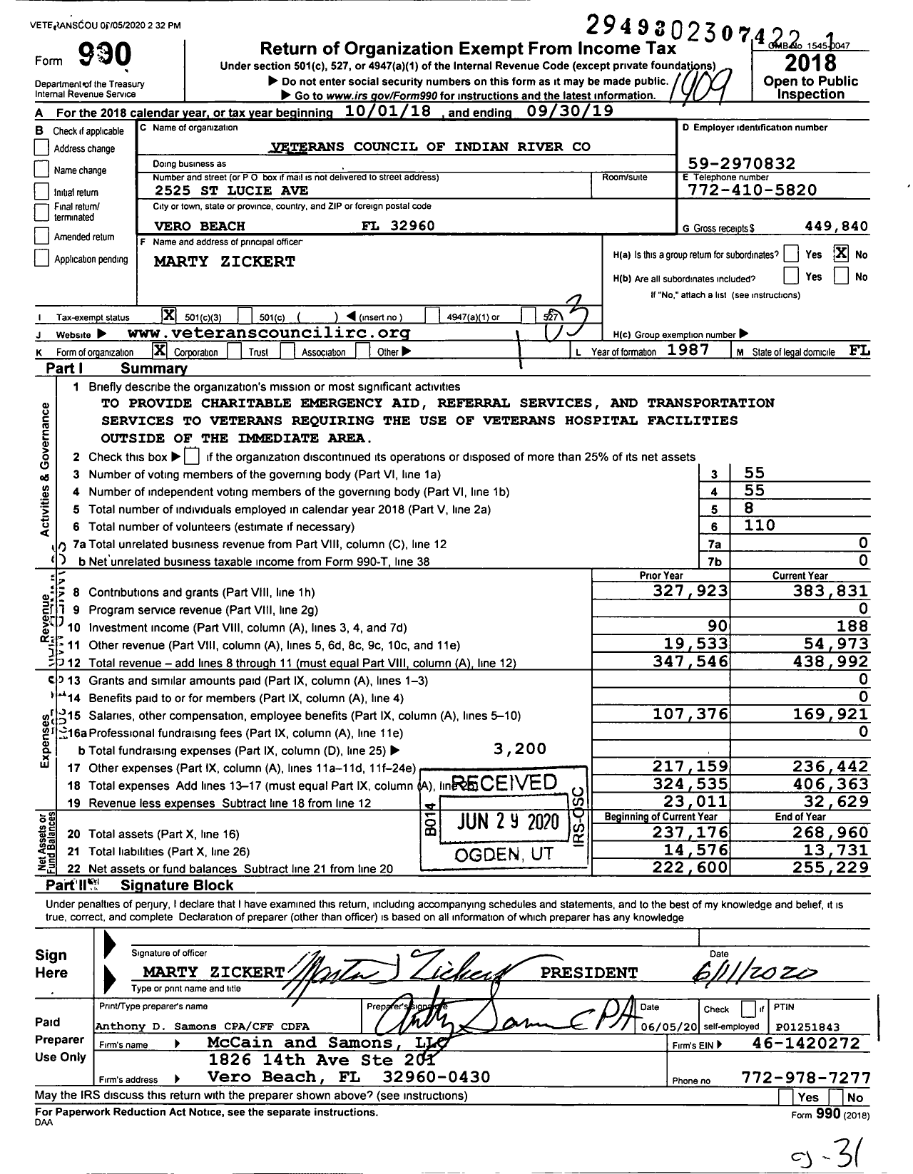 Image of first page of 2018 Form 990 for Veterans Council of Indian River